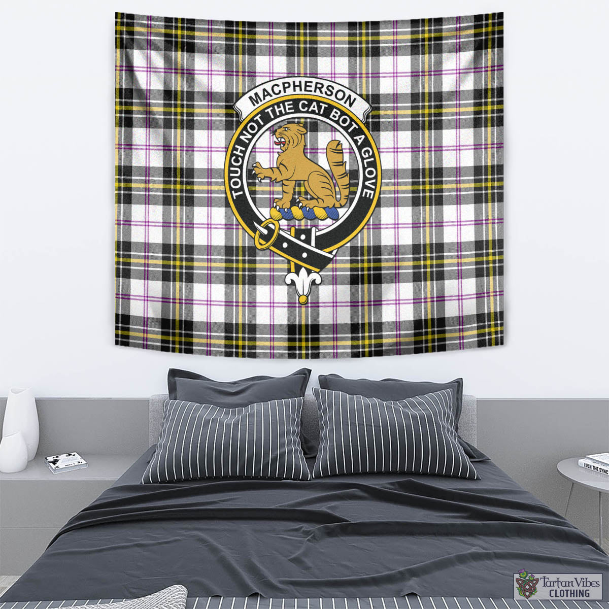 Tartan Vibes Clothing MacPherson Dress Modern Tartan Tapestry Wall Hanging and Home Decor for Room with Family Crest