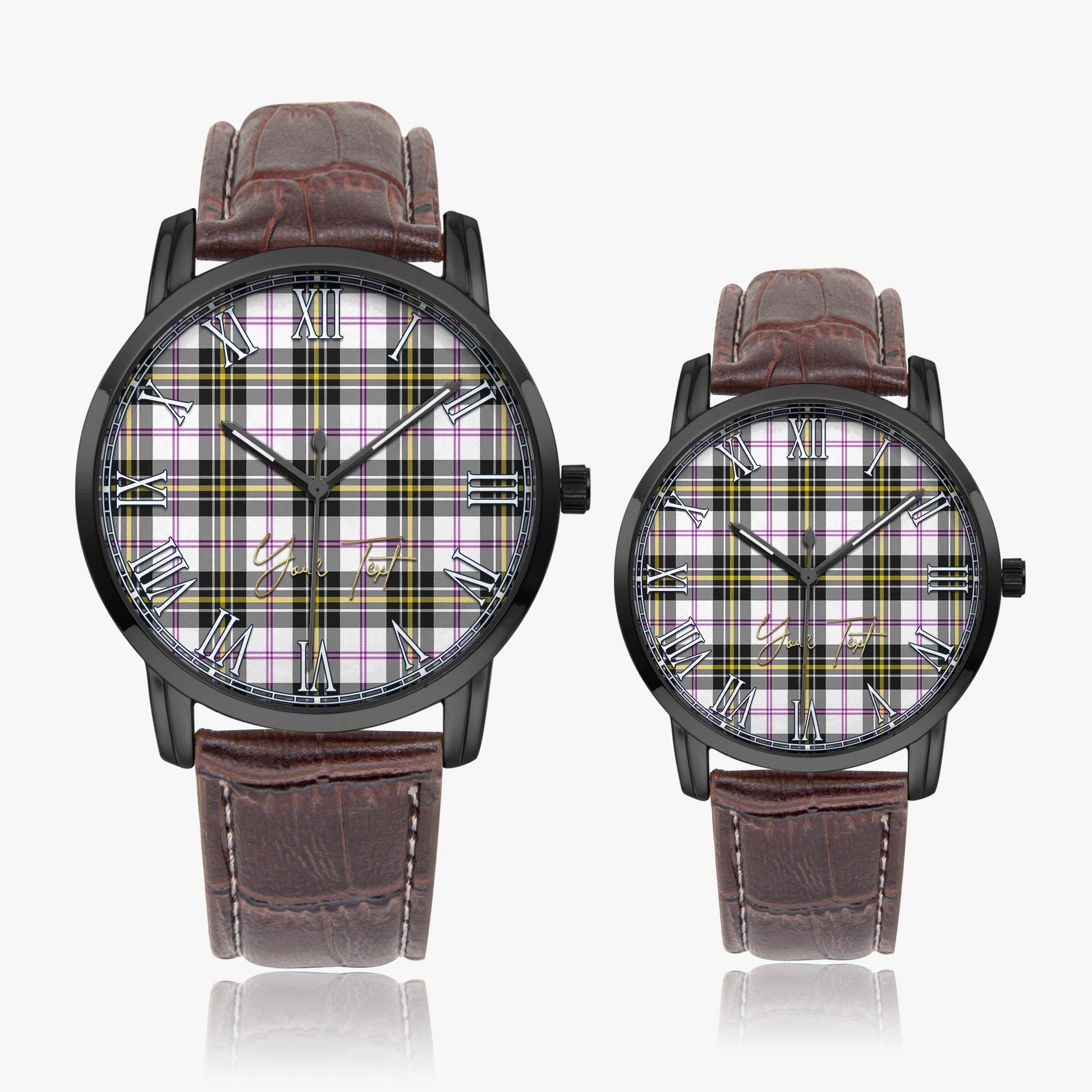 MacPherson Dress Modern Tartan Personalized Your Text Leather Trap Quartz Watch Wide Type Black Case With Brown Leather Strap - Tartanvibesclothing