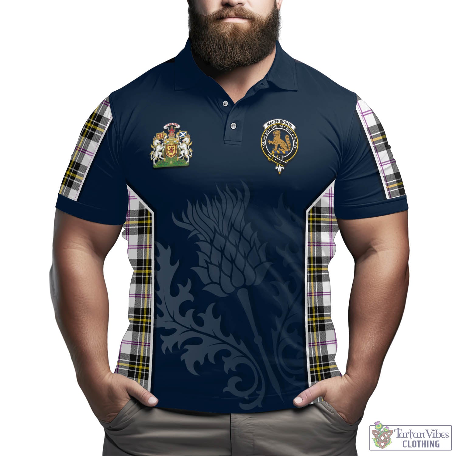 Tartan Vibes Clothing MacPherson Dress Modern Tartan Men's Polo Shirt with Family Crest and Scottish Thistle Vibes Sport Style