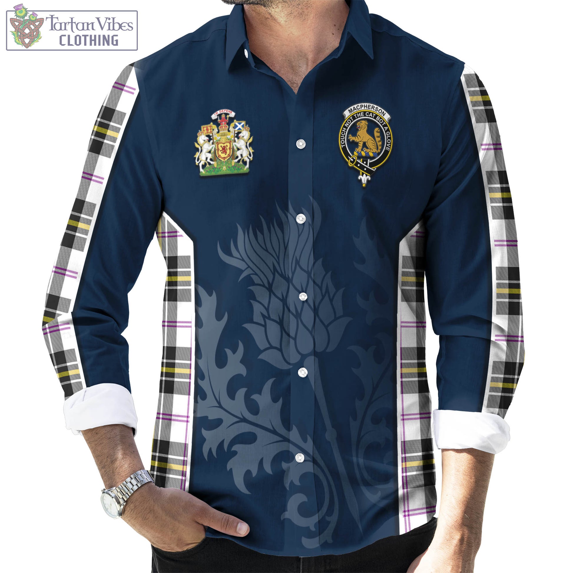 Tartan Vibes Clothing MacPherson Dress Modern Tartan Long Sleeve Button Up Shirt with Family Crest and Scottish Thistle Vibes Sport Style