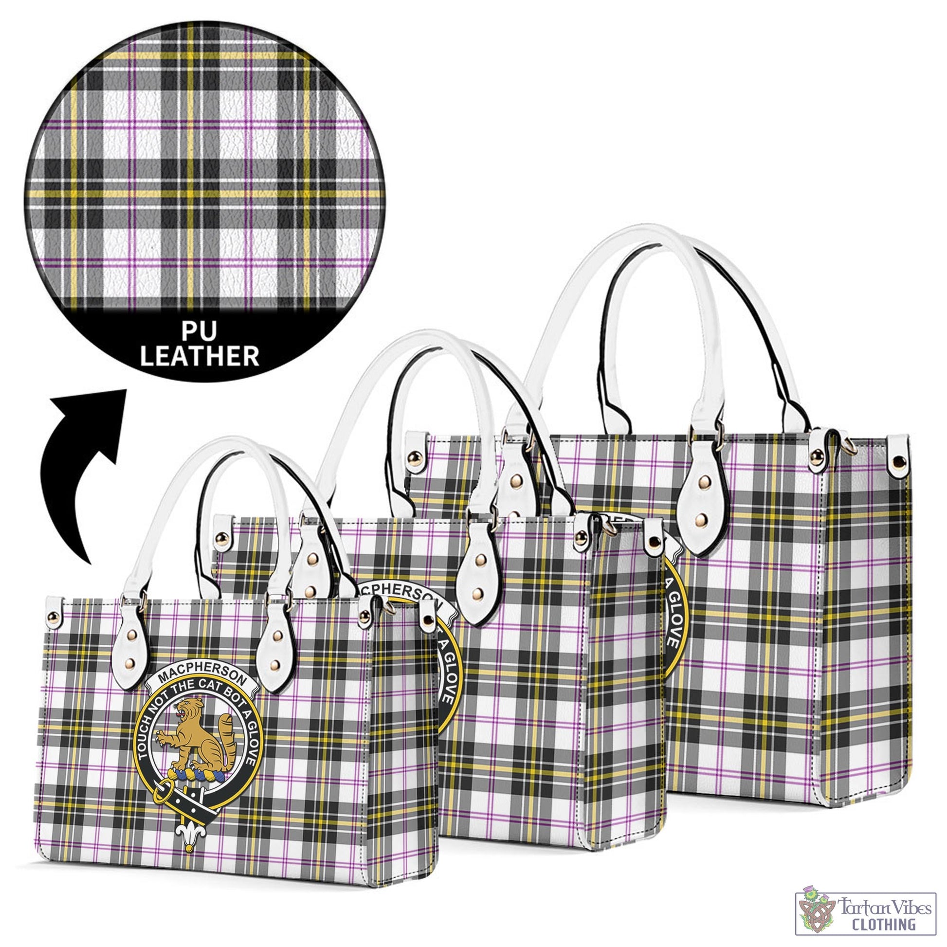 Tartan Vibes Clothing MacPherson Dress Modern Tartan Luxury Leather Handbags with Family Crest