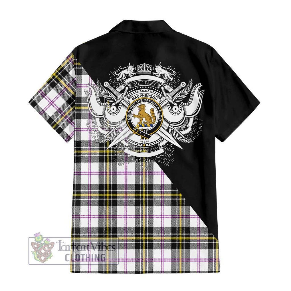 MacPherson Dress Modern Tartan Short Sleeve Button Shirt with Family Crest and Military Logo Style - Tartanvibesclothing Shop