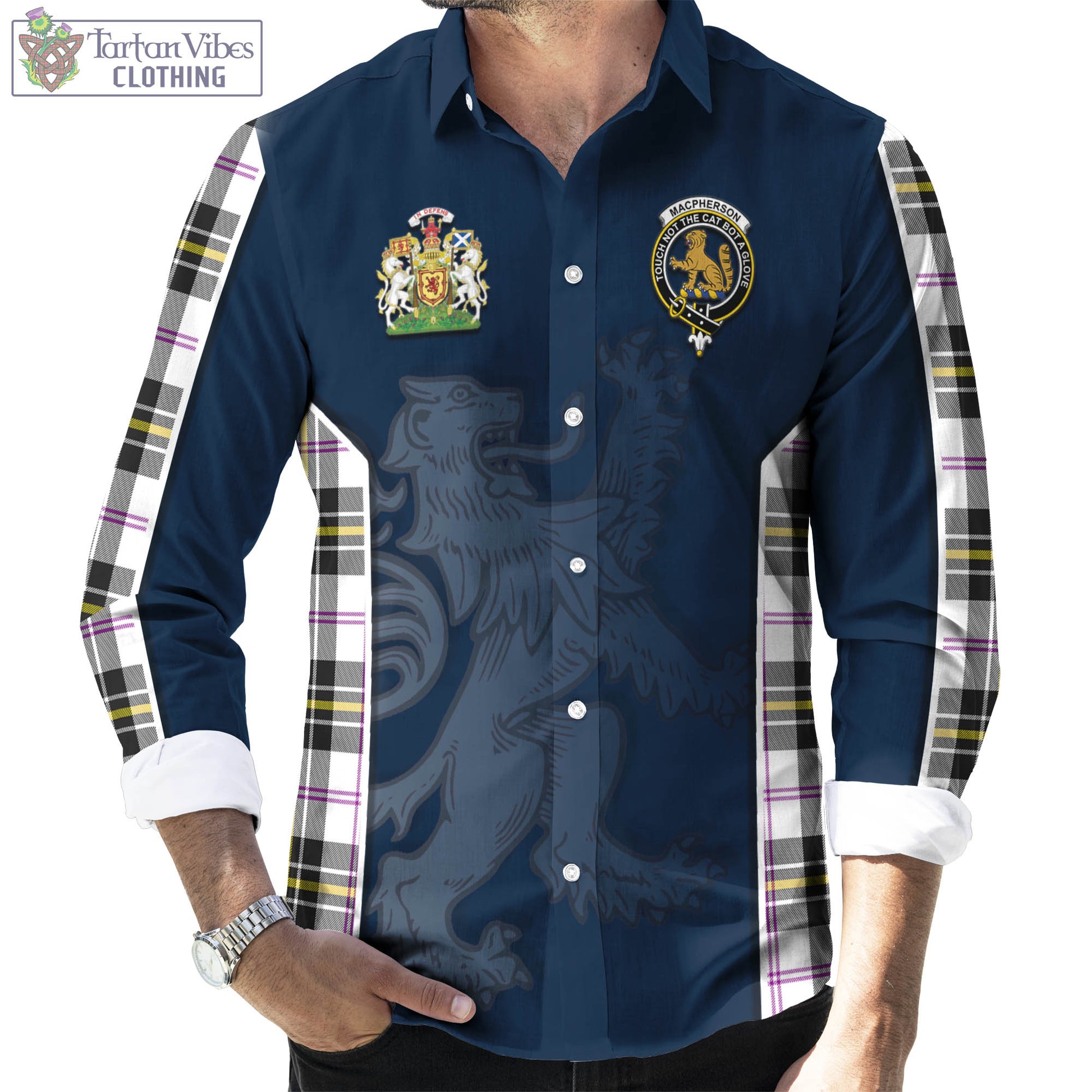 Tartan Vibes Clothing MacPherson Dress Modern Tartan Long Sleeve Button Up Shirt with Family Crest and Lion Rampant Vibes Sport Style