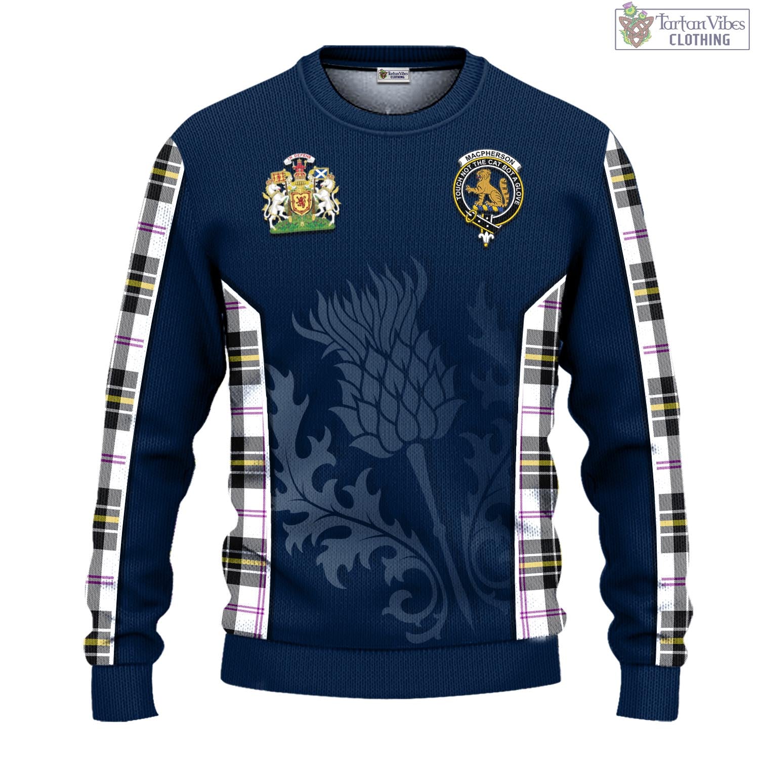 Tartan Vibes Clothing MacPherson Dress Modern Tartan Knitted Sweatshirt with Family Crest and Scottish Thistle Vibes Sport Style