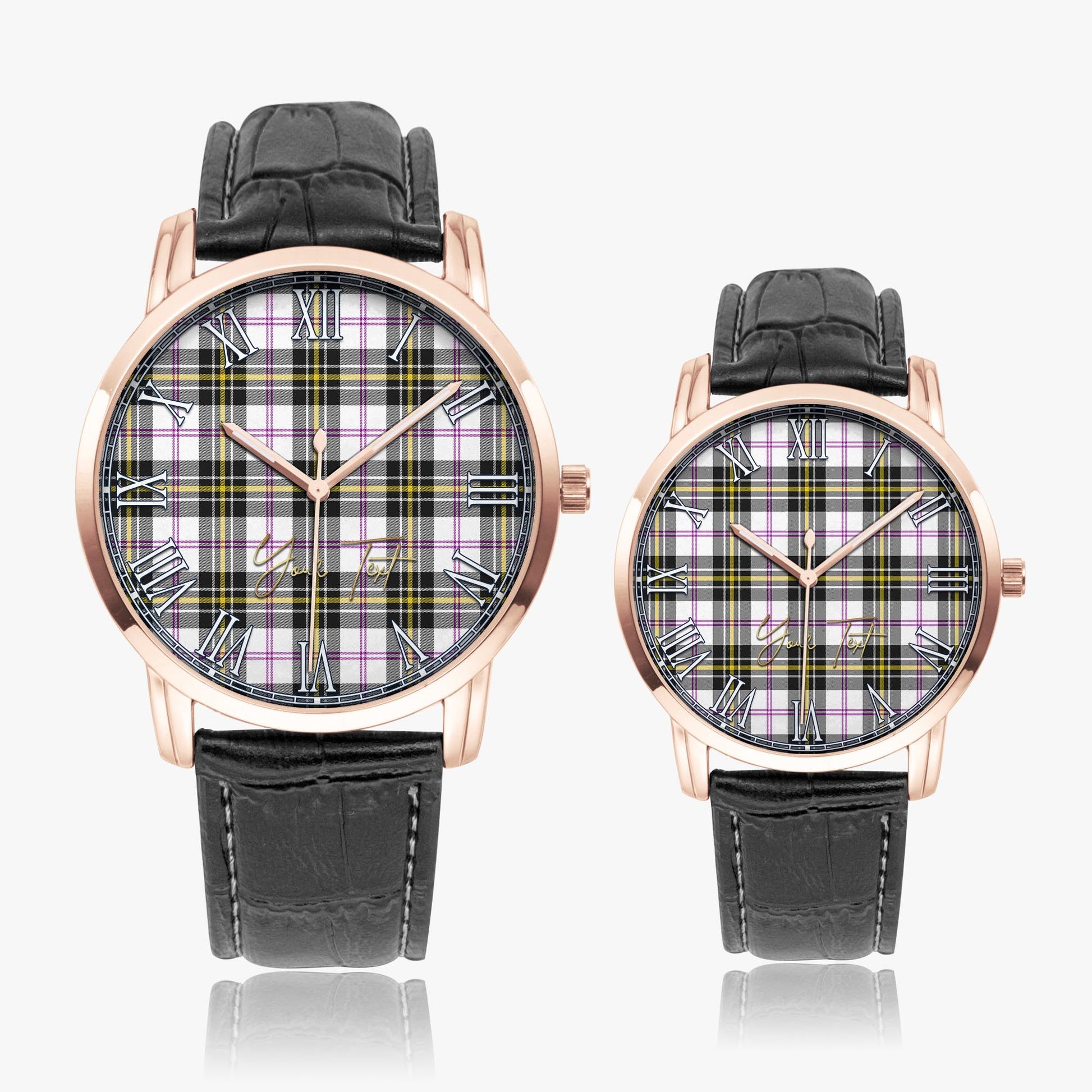 MacPherson Dress Modern Tartan Personalized Your Text Leather Trap Quartz Watch Wide Type Rose Gold Case With Black Leather Strap - Tartanvibesclothing