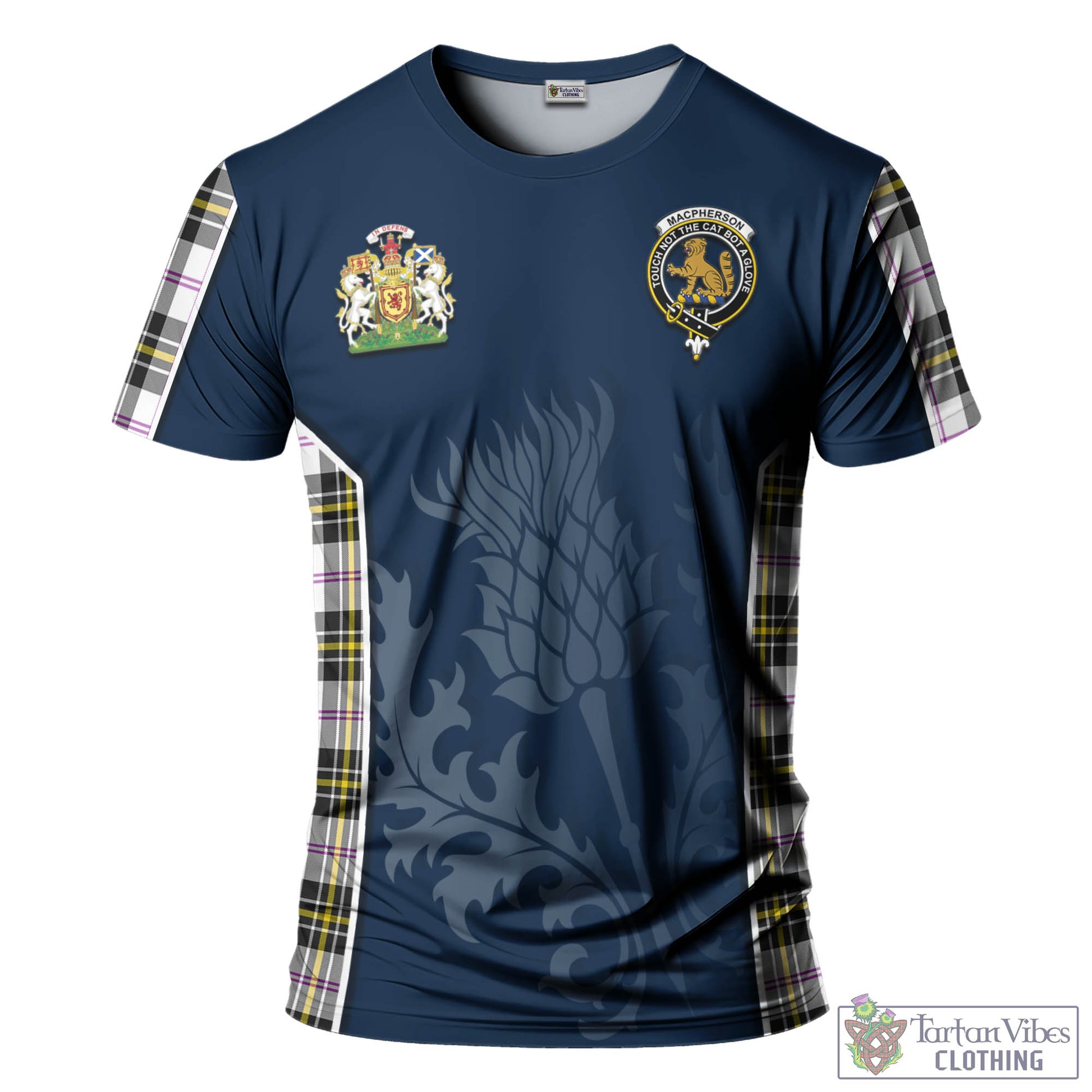 Tartan Vibes Clothing MacPherson Dress Modern Tartan T-Shirt with Family Crest and Scottish Thistle Vibes Sport Style