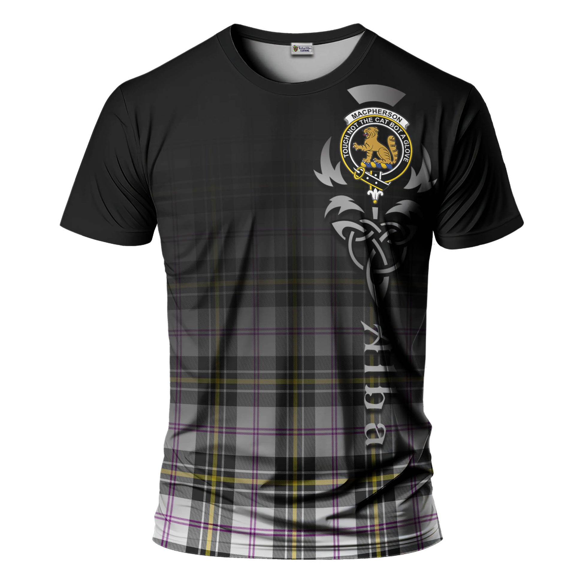 Tartan Vibes Clothing MacPherson Dress Modern Tartan T-Shirt Featuring Alba Gu Brath Family Crest Celtic Inspired