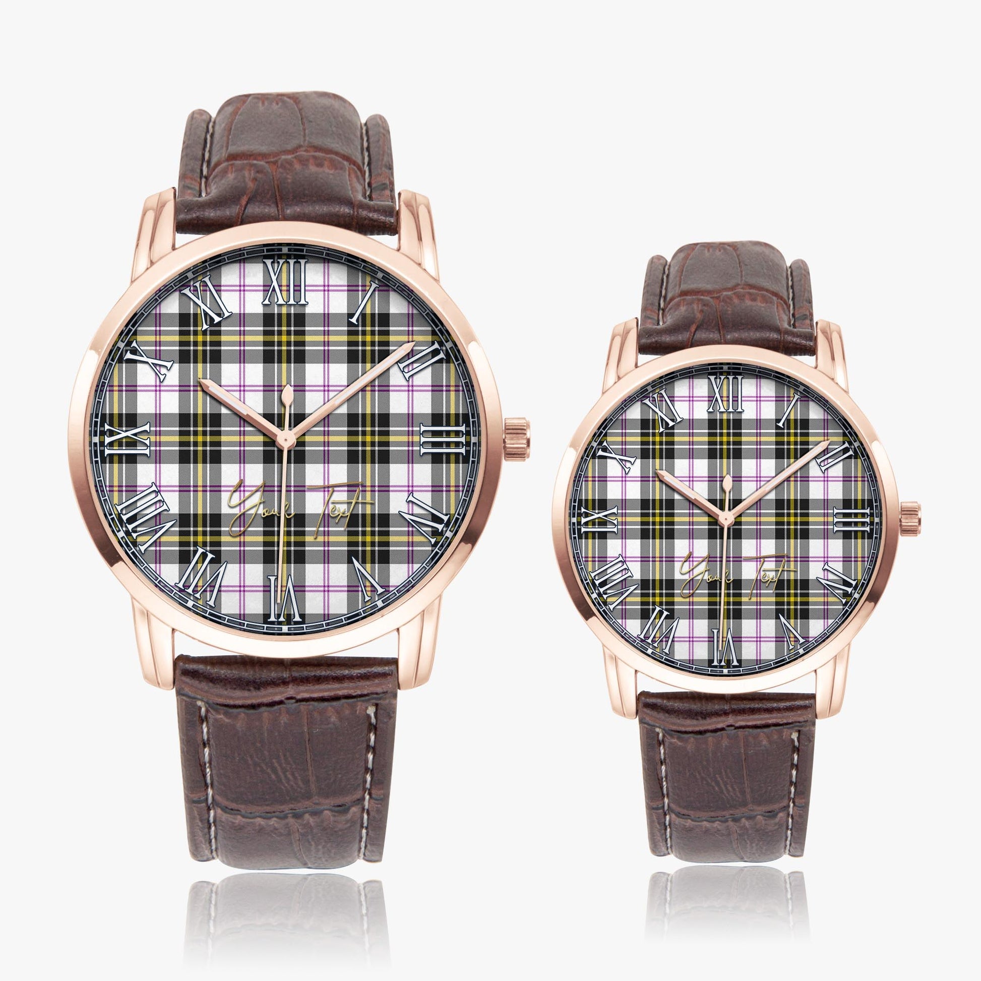 MacPherson Dress Modern Tartan Personalized Your Text Leather Trap Quartz Watch Wide Type Rose Gold Case With Brown Leather Strap - Tartanvibesclothing