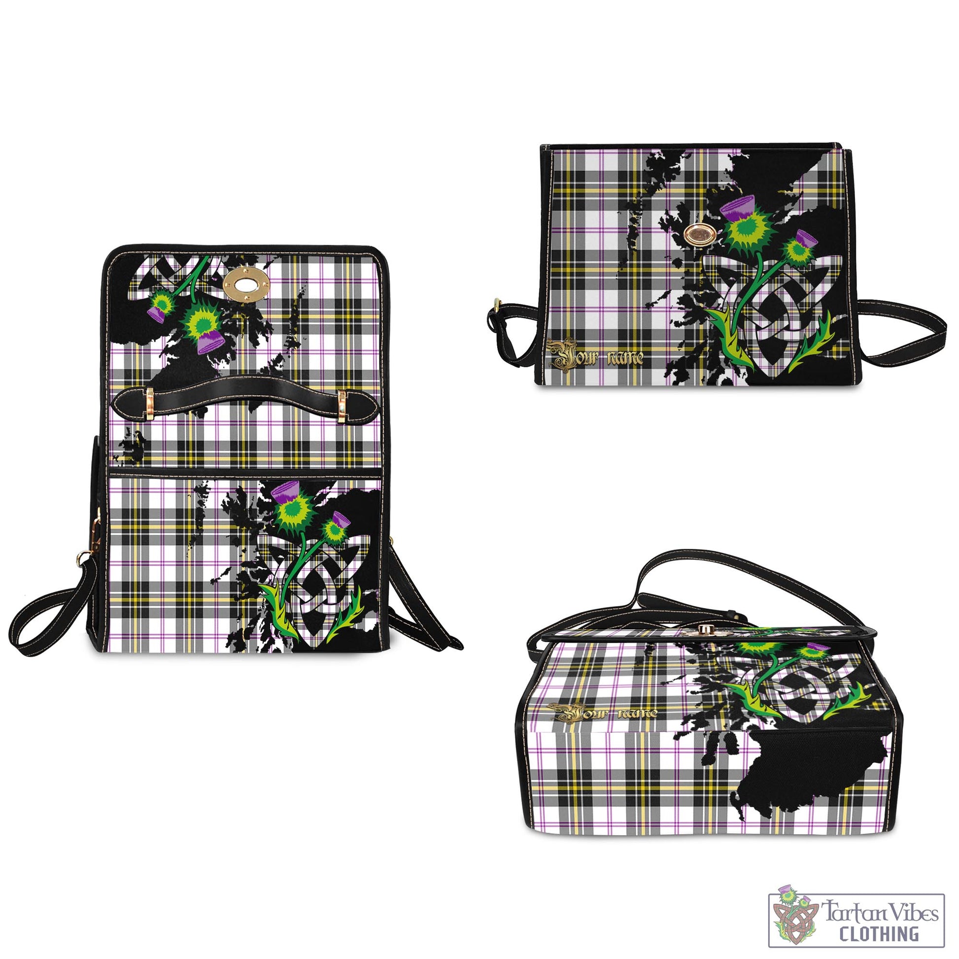 Tartan Vibes Clothing MacPherson Dress Modern Tartan Waterproof Canvas Bag with Scotland Map and Thistle Celtic Accents