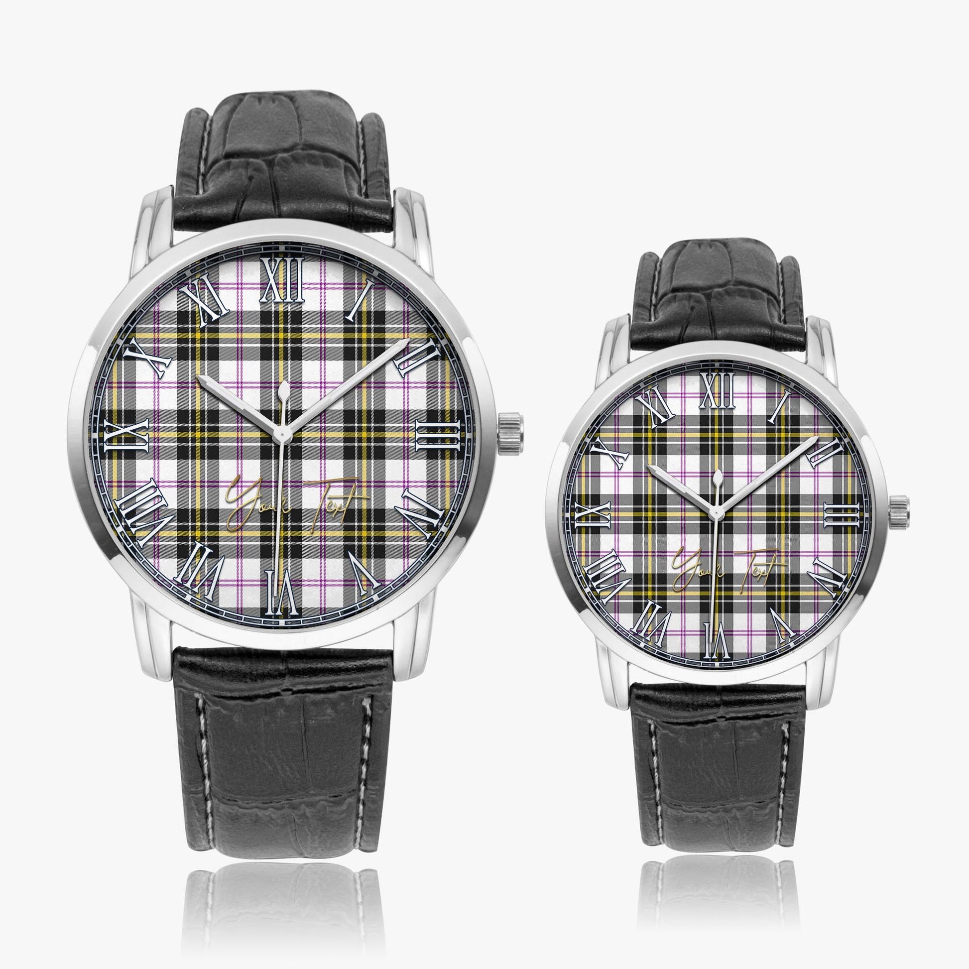 MacPherson Dress Modern Tartan Personalized Your Text Leather Trap Quartz Watch Wide Type Silver Case With Black Leather Strap - Tartanvibesclothing