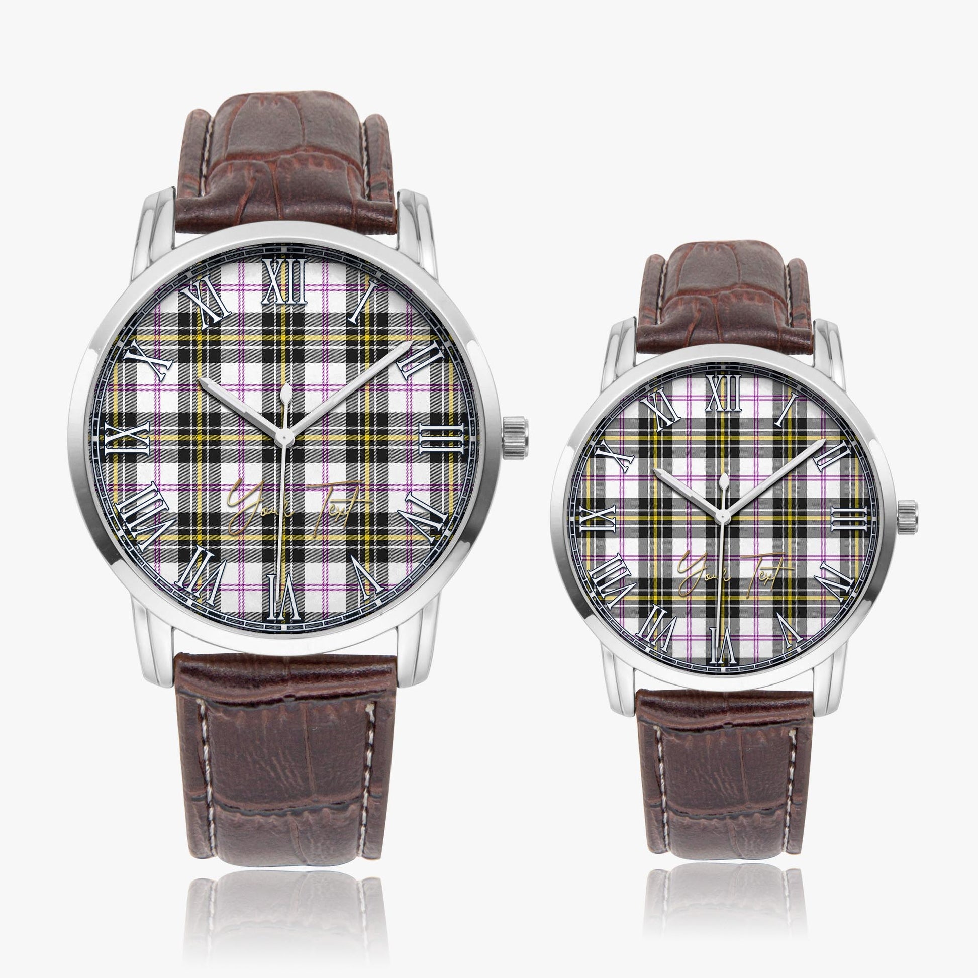 MacPherson Dress Modern Tartan Personalized Your Text Leather Trap Quartz Watch Wide Type Silver Case With Brown Leather Strap - Tartanvibesclothing