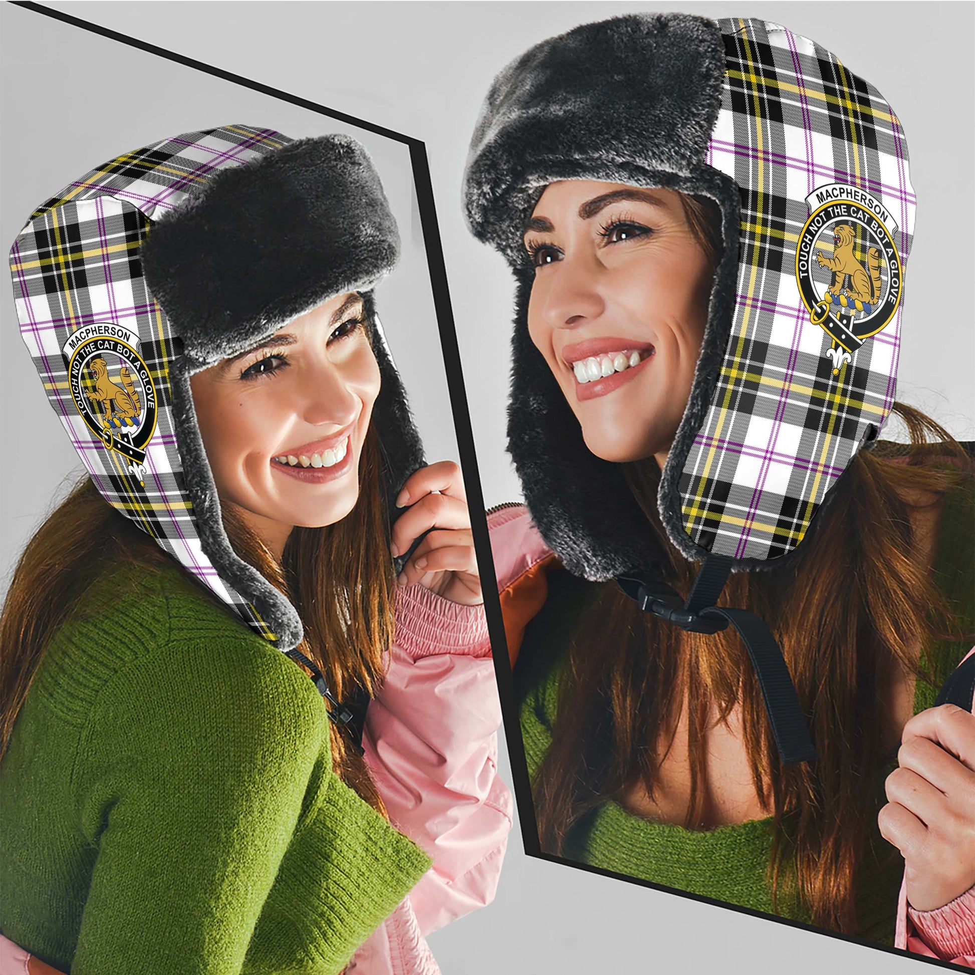 MacPherson Dress Modern Tartan Winter Trapper Hat with Family Crest - Tartanvibesclothing