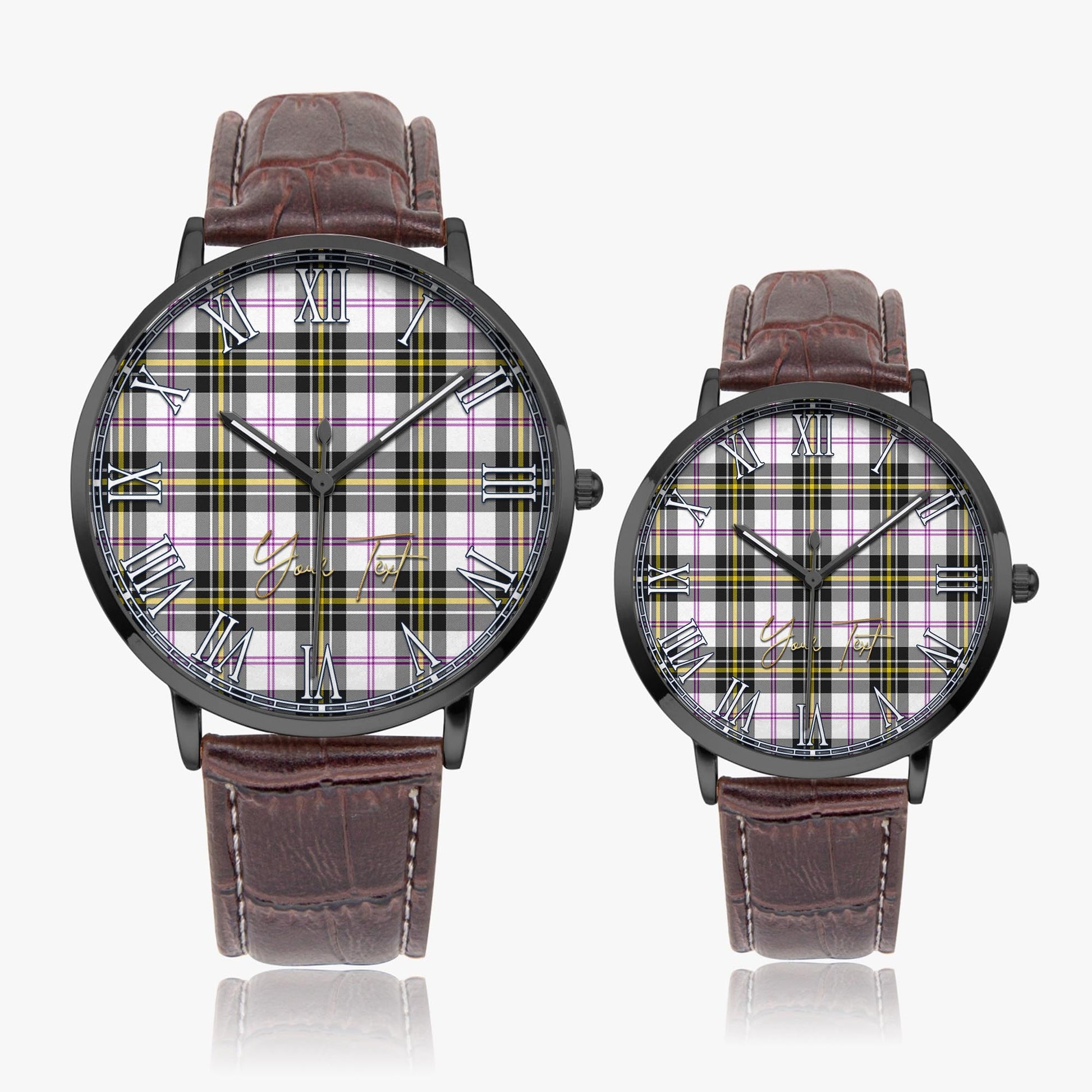 MacPherson Dress Modern Tartan Personalized Your Text Leather Trap Quartz Watch Ultra Thin Black Case With Brown Leather Strap - Tartanvibesclothing