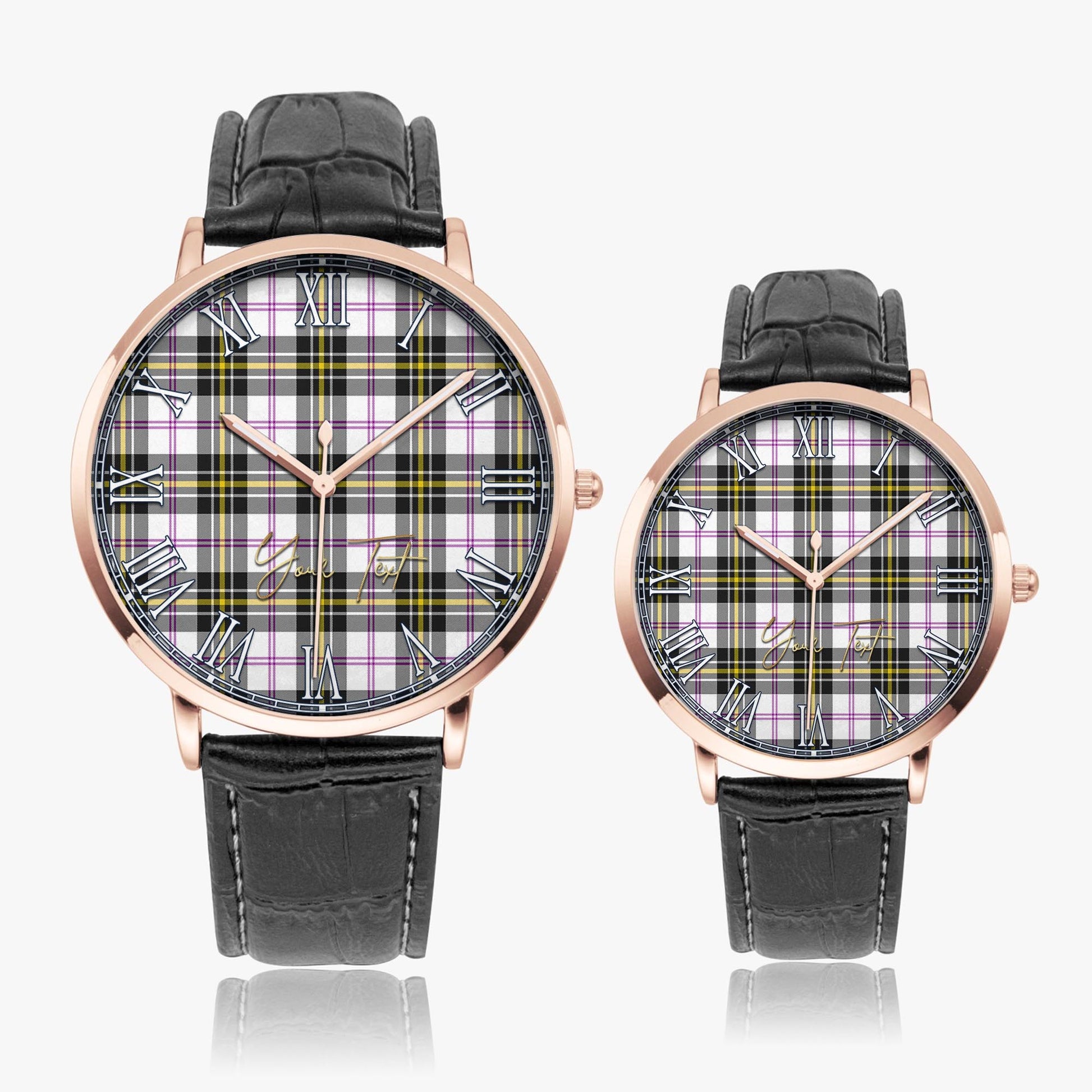 MacPherson Dress Modern Tartan Personalized Your Text Leather Trap Quartz Watch Ultra Thin Rose Gold Case With Black Leather Strap - Tartanvibesclothing