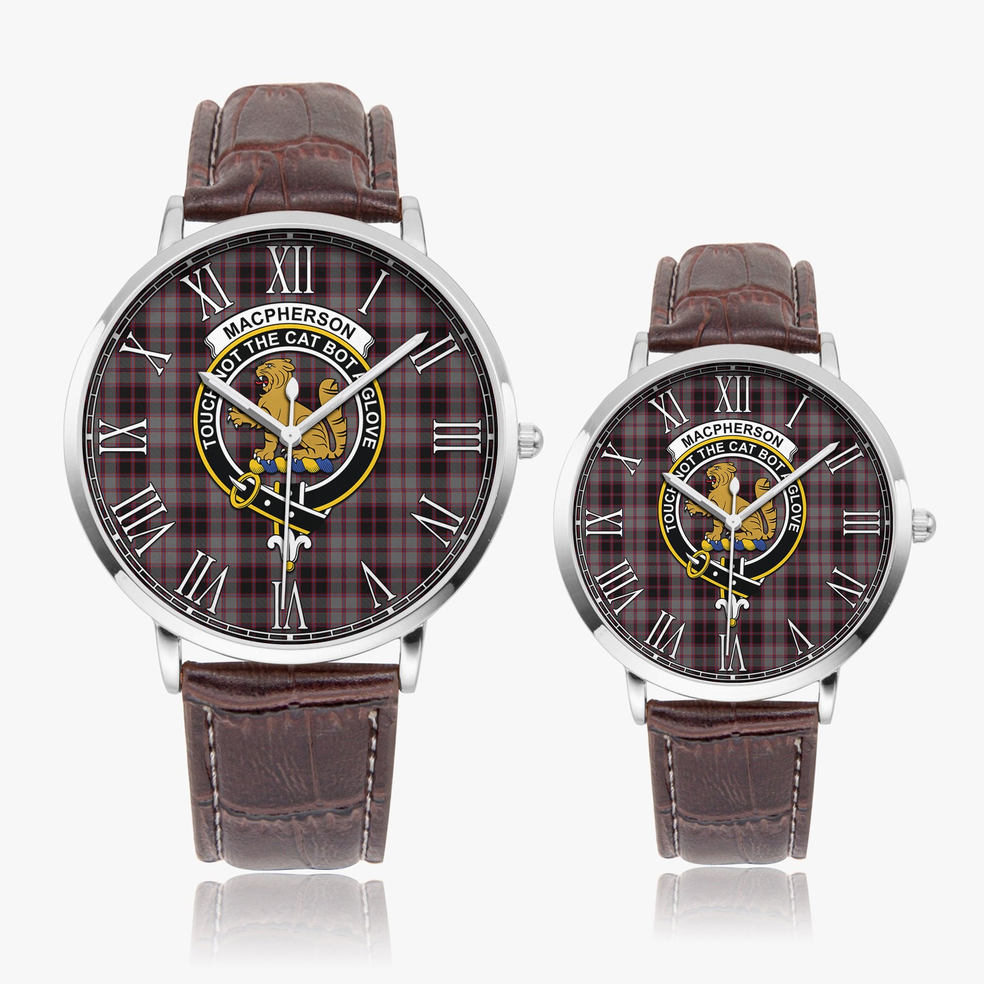 MacPherson Hunting Tartan Family Crest Leather Strap Quartz Watch - Tartanvibesclothing