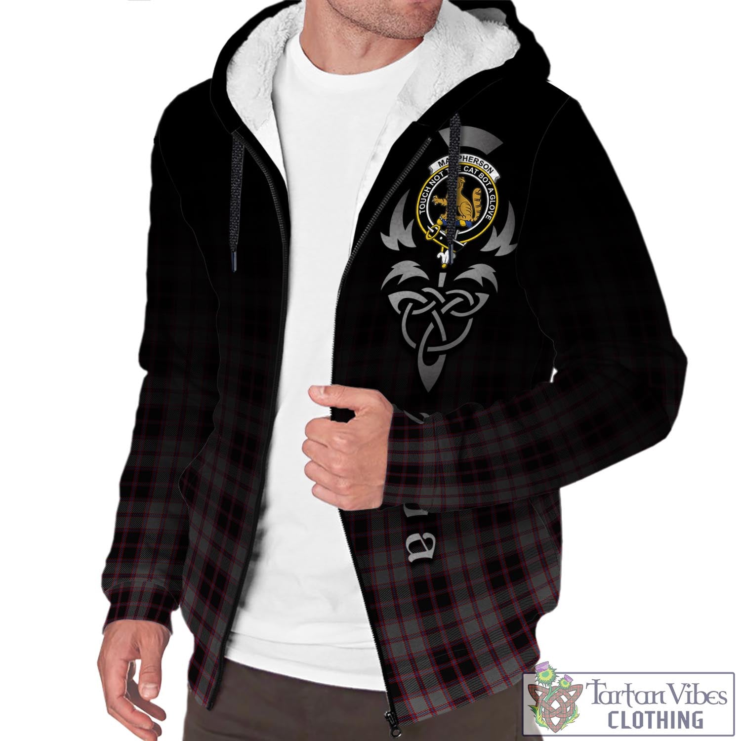 Tartan Vibes Clothing MacPherson Hunting Tartan Sherpa Hoodie Featuring Alba Gu Brath Family Crest Celtic Inspired