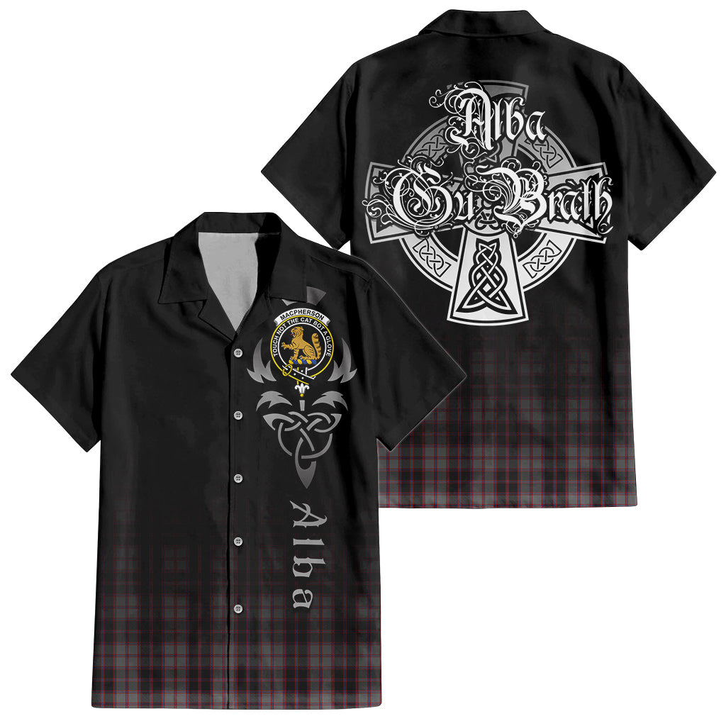 Tartan Vibes Clothing MacPherson Hunting Tartan Short Sleeve Button Up Featuring Alba Gu Brath Family Crest Celtic Inspired