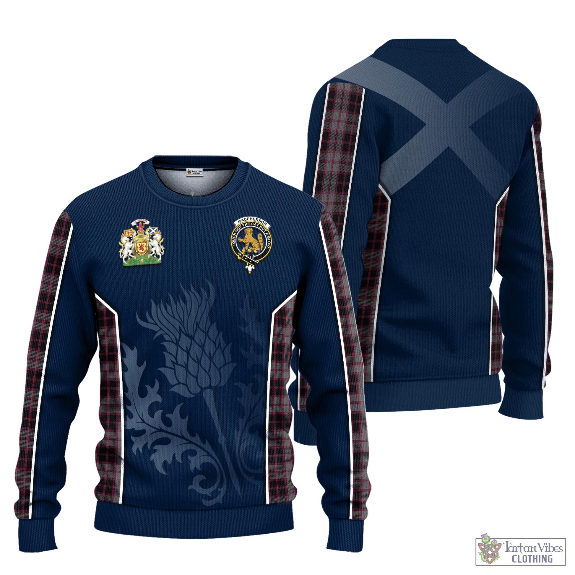 Tartan Vibes Clothing MacPherson Hunting Tartan Knitted Sweatshirt with Family Crest and Scottish Thistle Vibes Sport Style