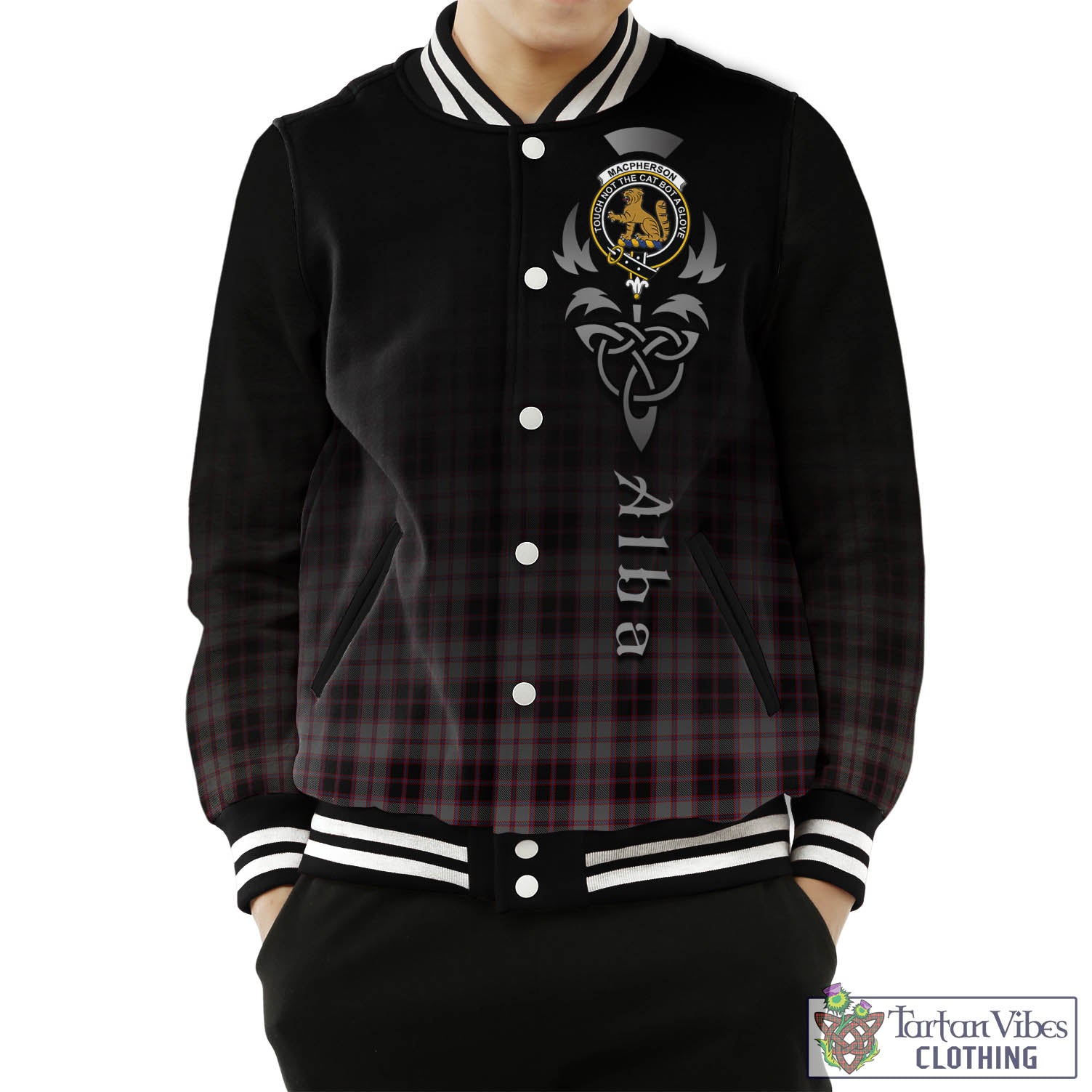 Tartan Vibes Clothing MacPherson Hunting Tartan Baseball Jacket Featuring Alba Gu Brath Family Crest Celtic Inspired