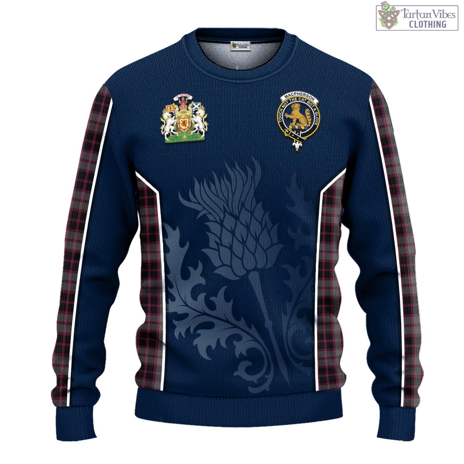 Tartan Vibes Clothing MacPherson Hunting Tartan Knitted Sweatshirt with Family Crest and Scottish Thistle Vibes Sport Style