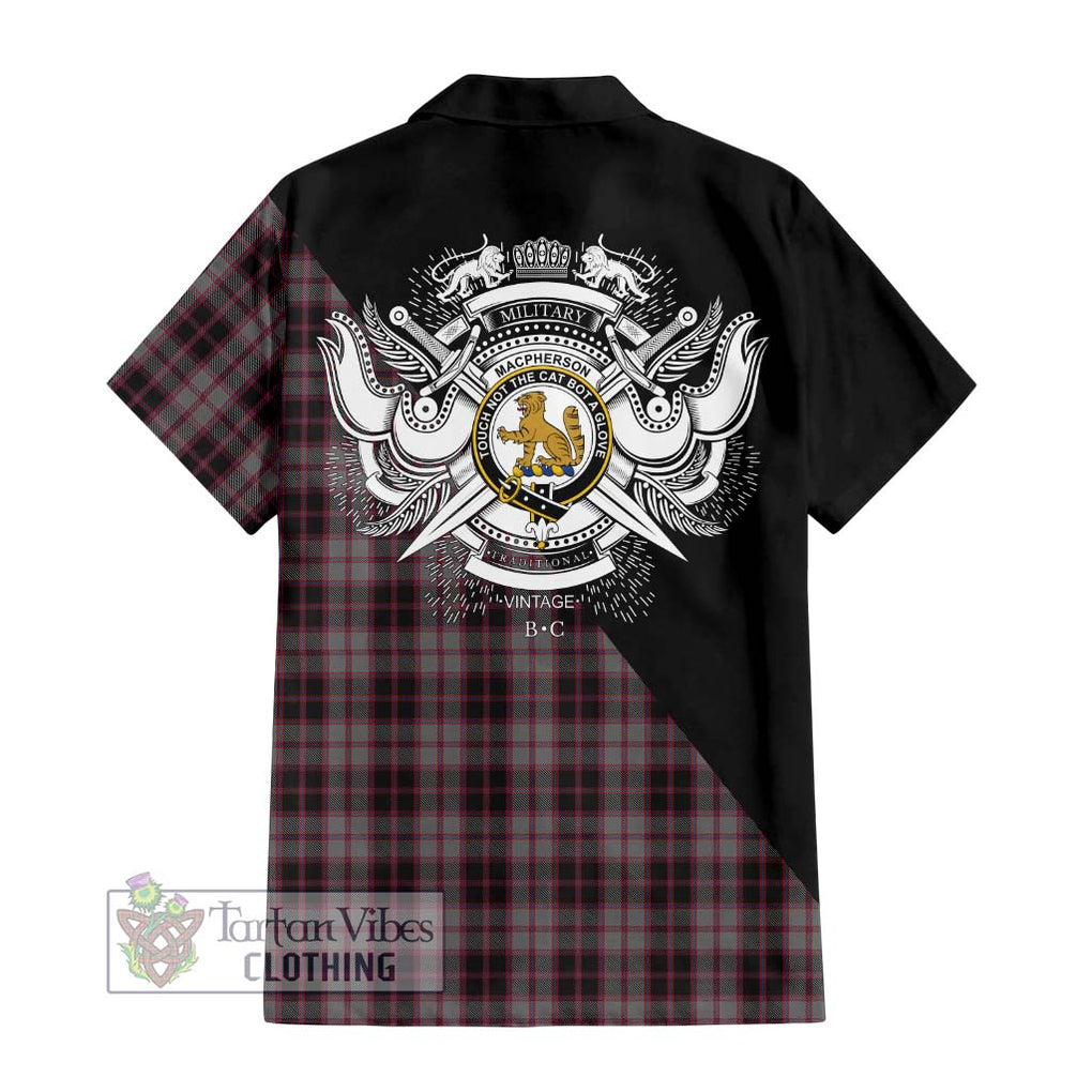 MacPherson Hunting Tartan Short Sleeve Button Shirt with Family Crest and Military Logo Style - Tartanvibesclothing Shop