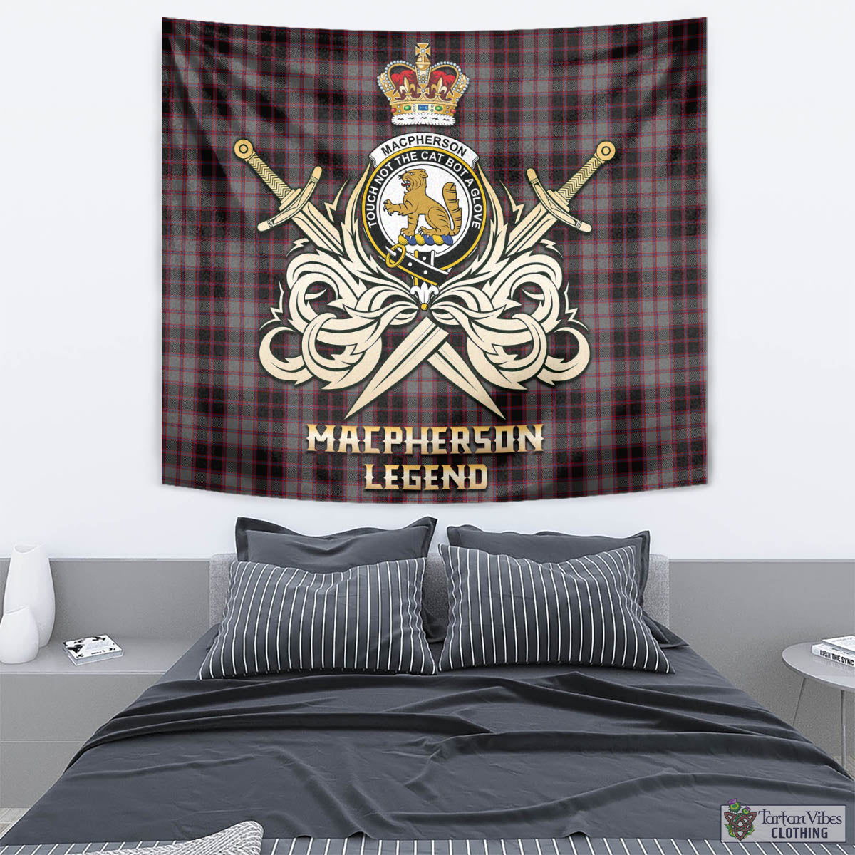 Tartan Vibes Clothing MacPherson Hunting Tartan Tapestry with Clan Crest and the Golden Sword of Courageous Legacy