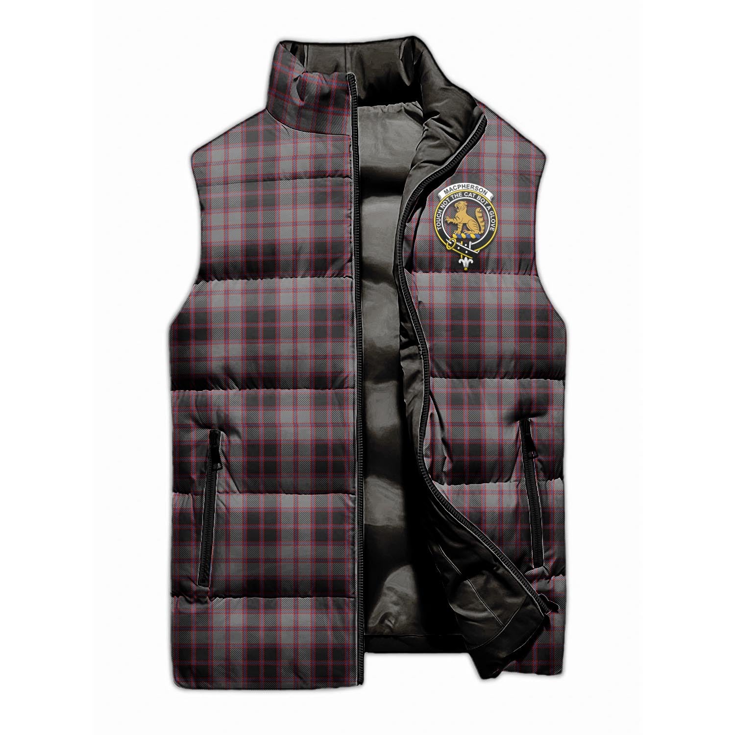 MacPherson Hunting Tartan Sleeveless Puffer Jacket with Family Crest - Tartanvibesclothing