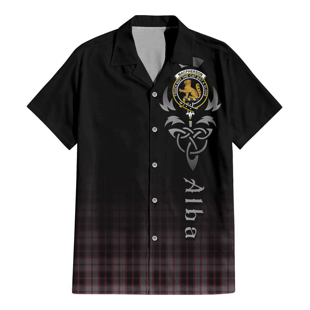 Tartan Vibes Clothing MacPherson Hunting Tartan Short Sleeve Button Up Featuring Alba Gu Brath Family Crest Celtic Inspired