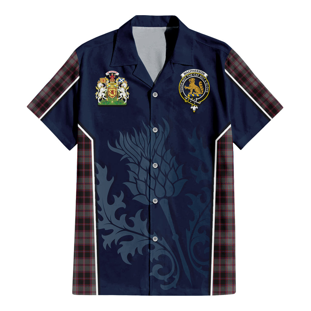 Tartan Vibes Clothing MacPherson Hunting Tartan Short Sleeve Button Up Shirt with Family Crest and Scottish Thistle Vibes Sport Style