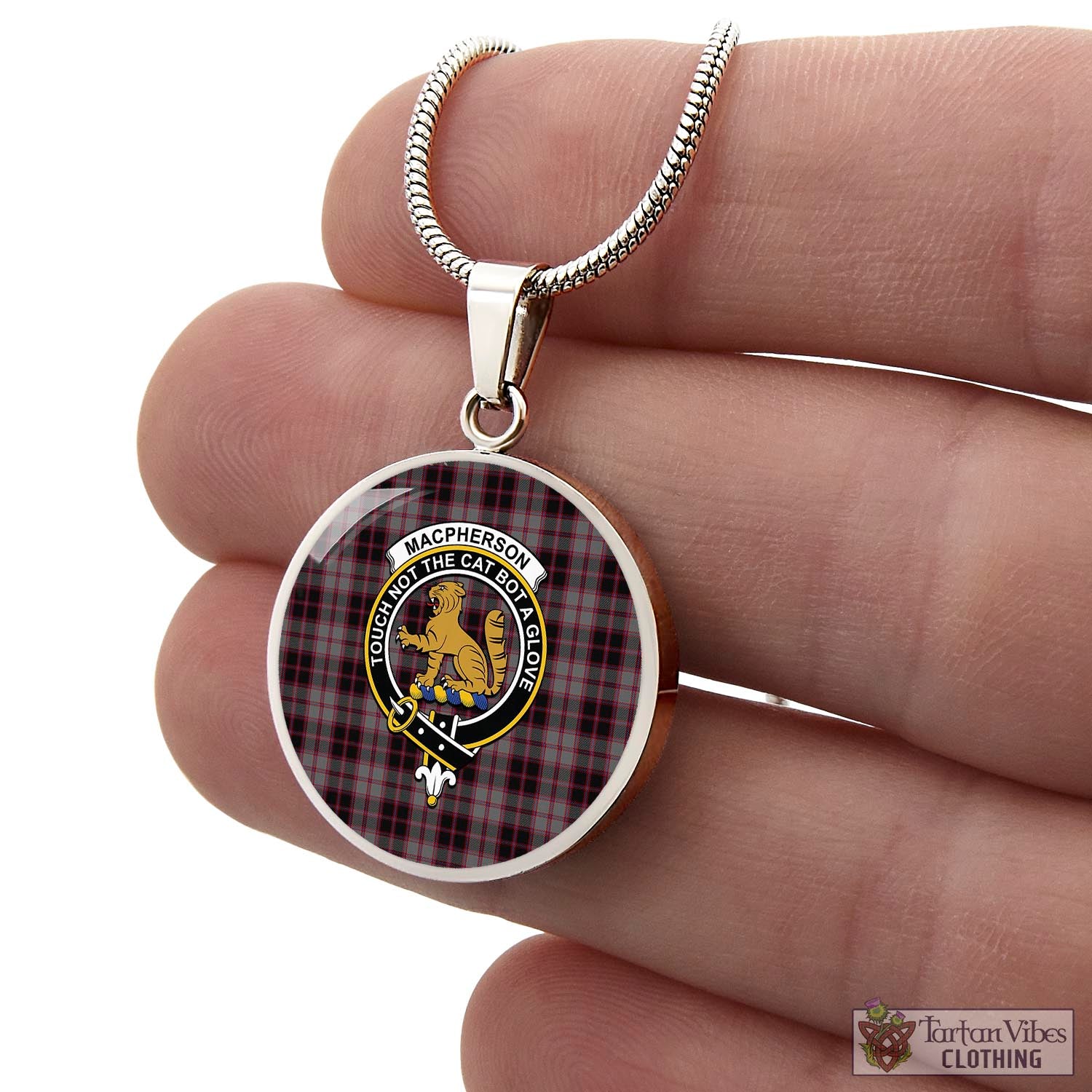 Tartan Vibes Clothing MacPherson Hunting Tartan Circle Necklace with Family Crest