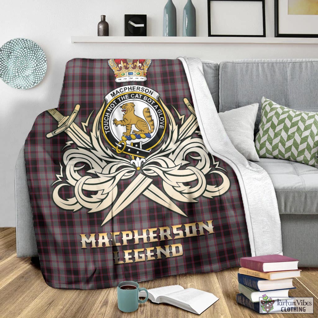 Tartan Vibes Clothing MacPherson Hunting Tartan Blanket with Clan Crest and the Golden Sword of Courageous Legacy