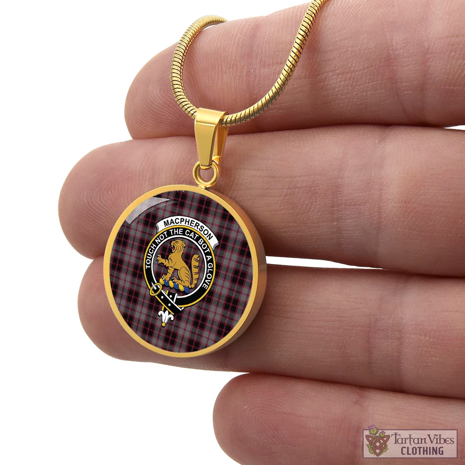 Tartan Vibes Clothing MacPherson Hunting Tartan Circle Necklace with Family Crest