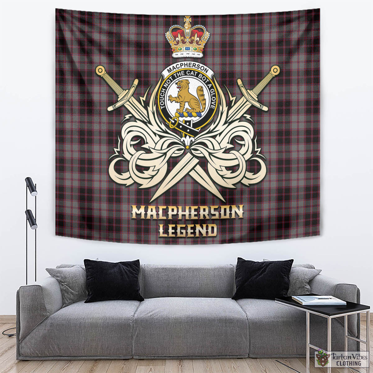 Tartan Vibes Clothing MacPherson Hunting Tartan Tapestry with Clan Crest and the Golden Sword of Courageous Legacy