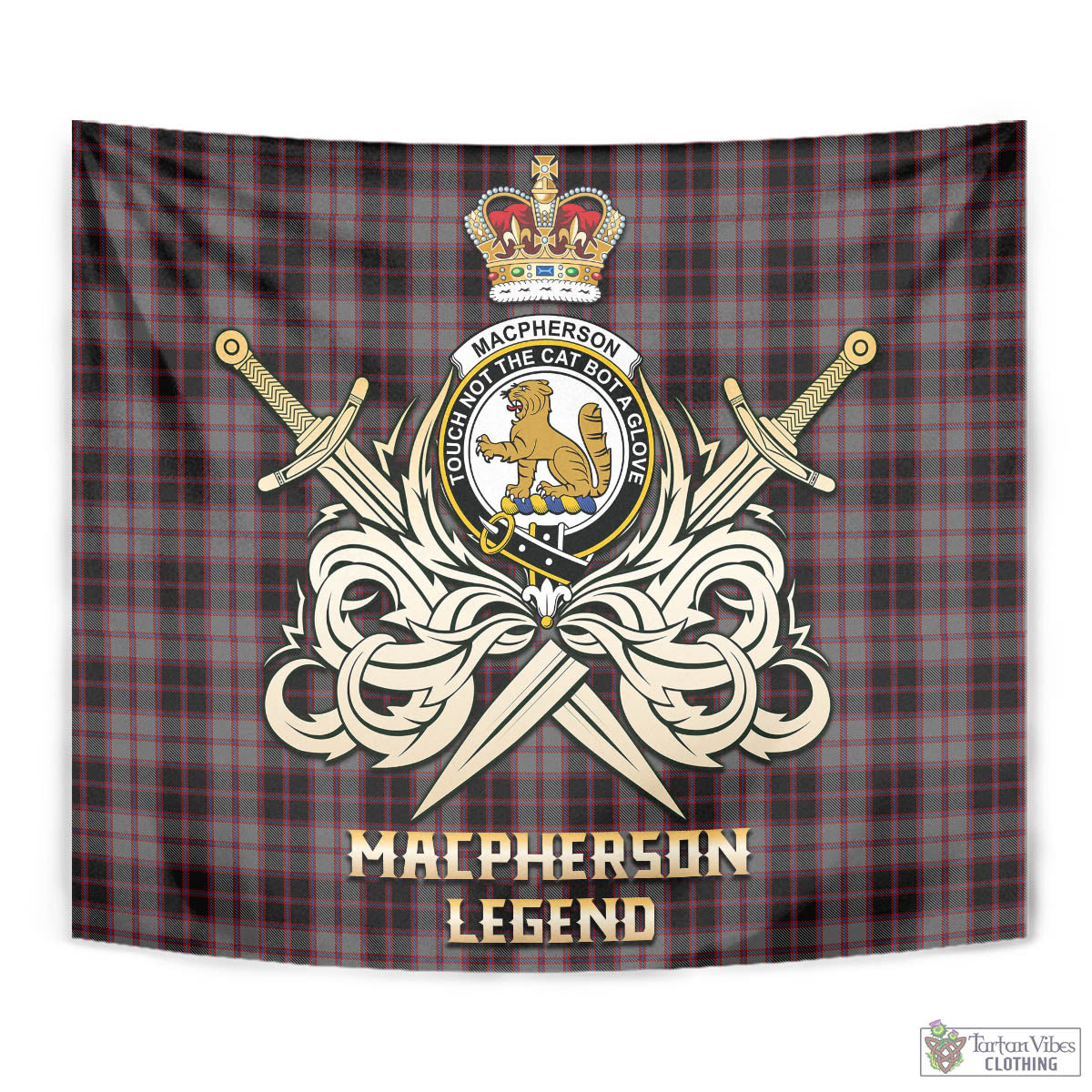 Tartan Vibes Clothing MacPherson Hunting Tartan Tapestry with Clan Crest and the Golden Sword of Courageous Legacy