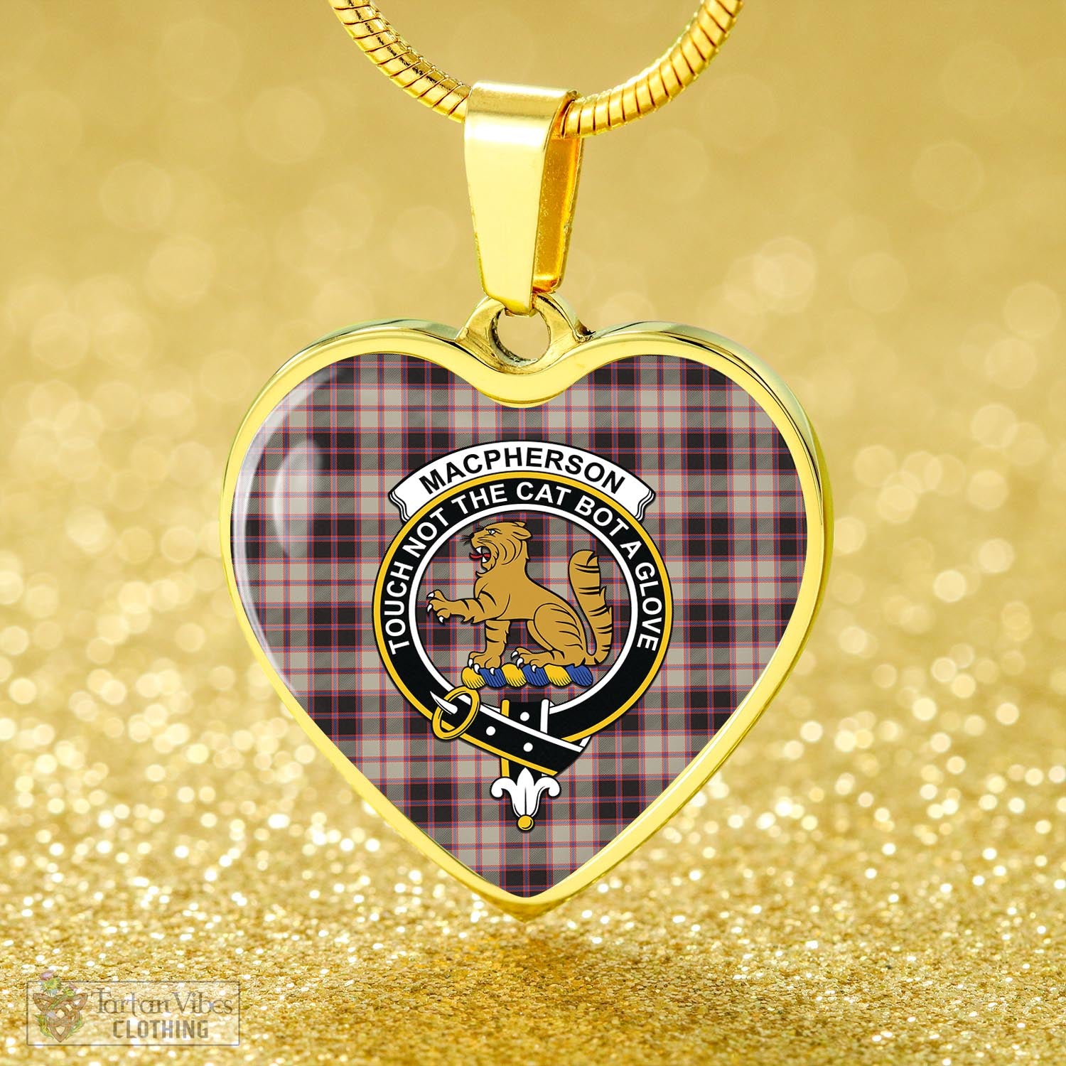 Tartan Vibes Clothing MacPherson Hunting Ancient Tartan Heart Necklace with Family Crest