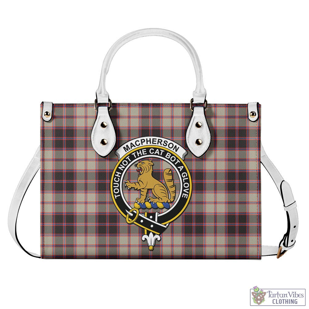 Tartan Vibes Clothing MacPherson Hunting Ancient Tartan Luxury Leather Handbags with Family Crest