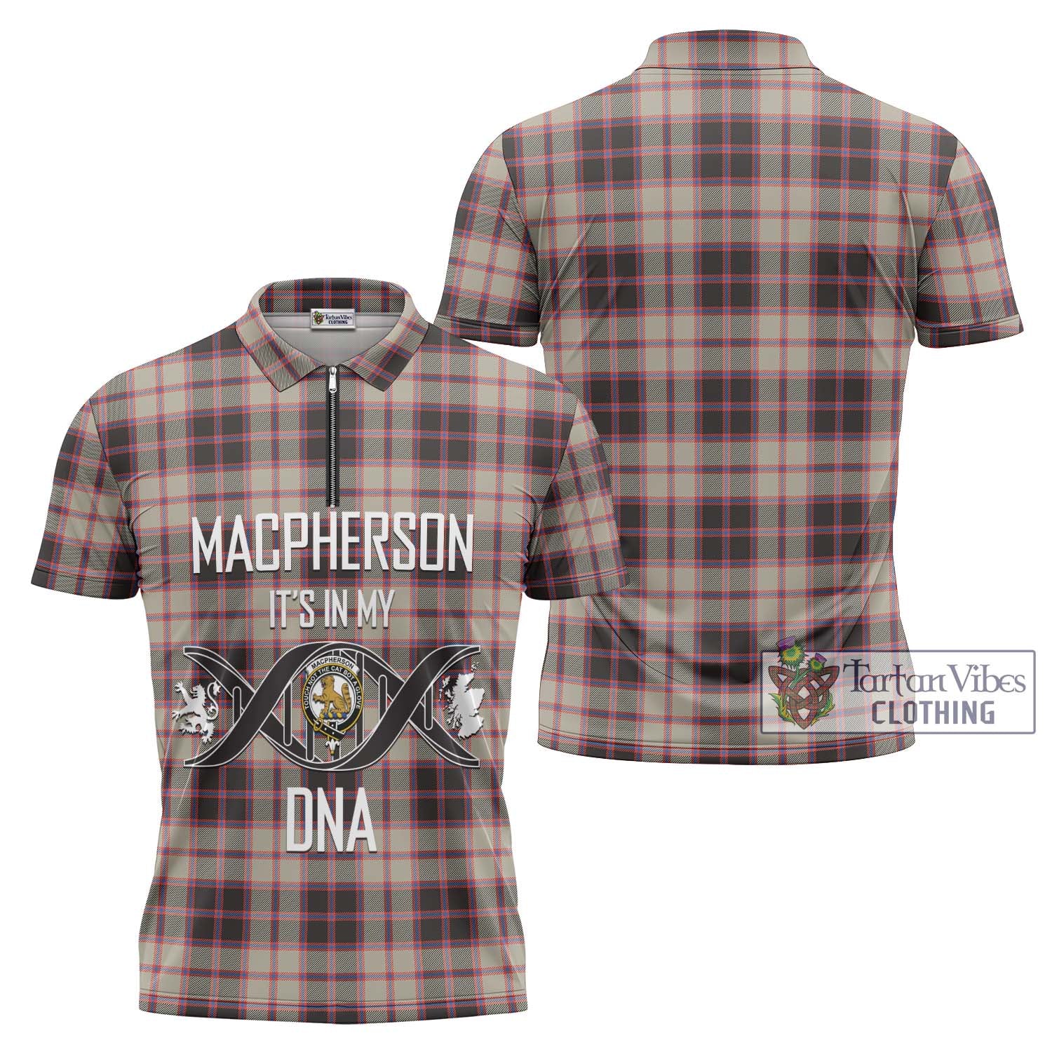 Tartan Vibes Clothing MacPherson Hunting Ancient Tartan Zipper Polo Shirt with Family Crest DNA In Me Style