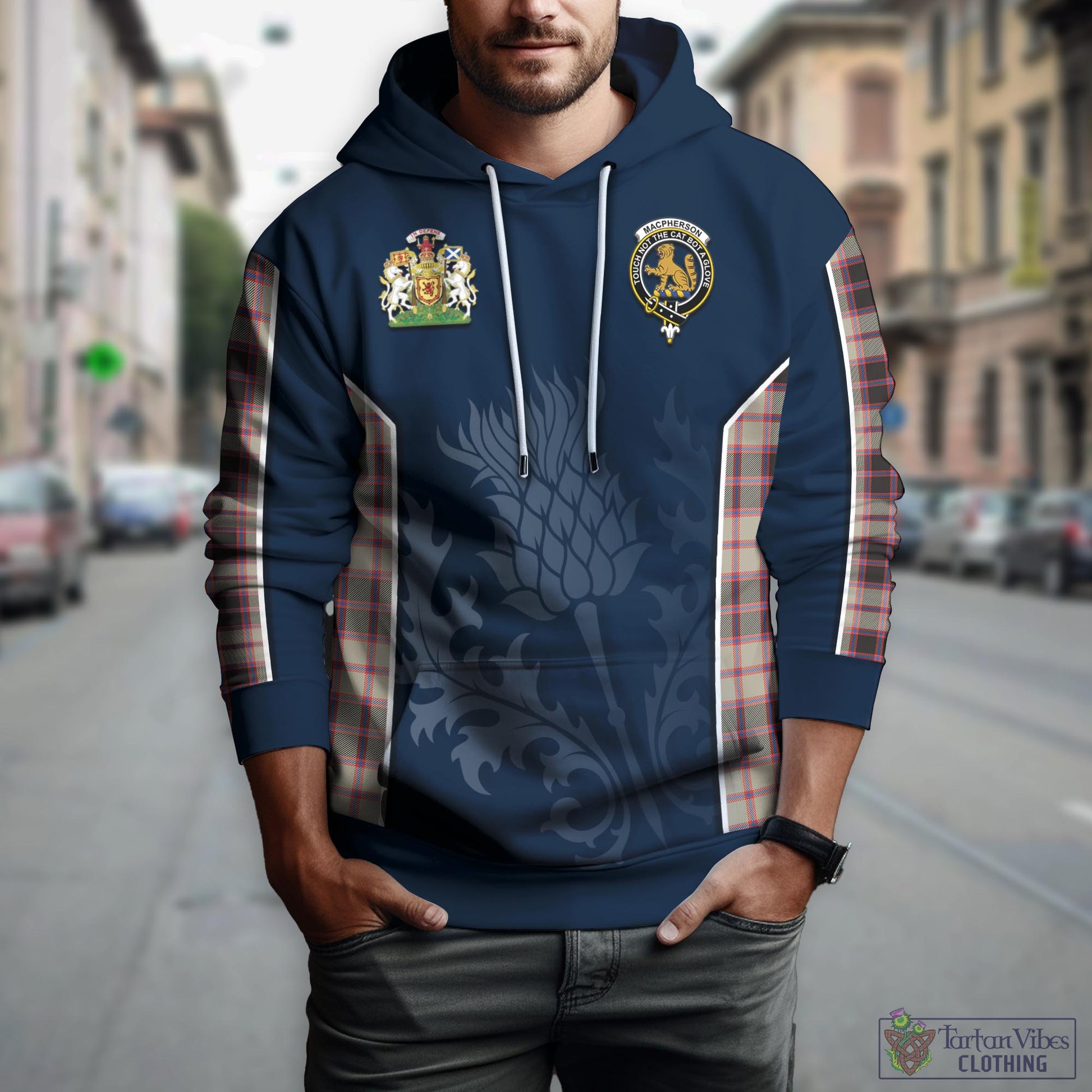 Tartan Vibes Clothing MacPherson Hunting Ancient Tartan Hoodie with Family Crest and Scottish Thistle Vibes Sport Style