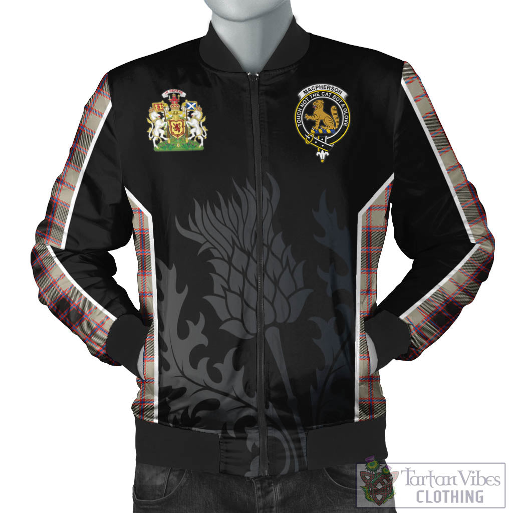 Tartan Vibes Clothing MacPherson Hunting Ancient Tartan Bomber Jacket with Family Crest and Scottish Thistle Vibes Sport Style