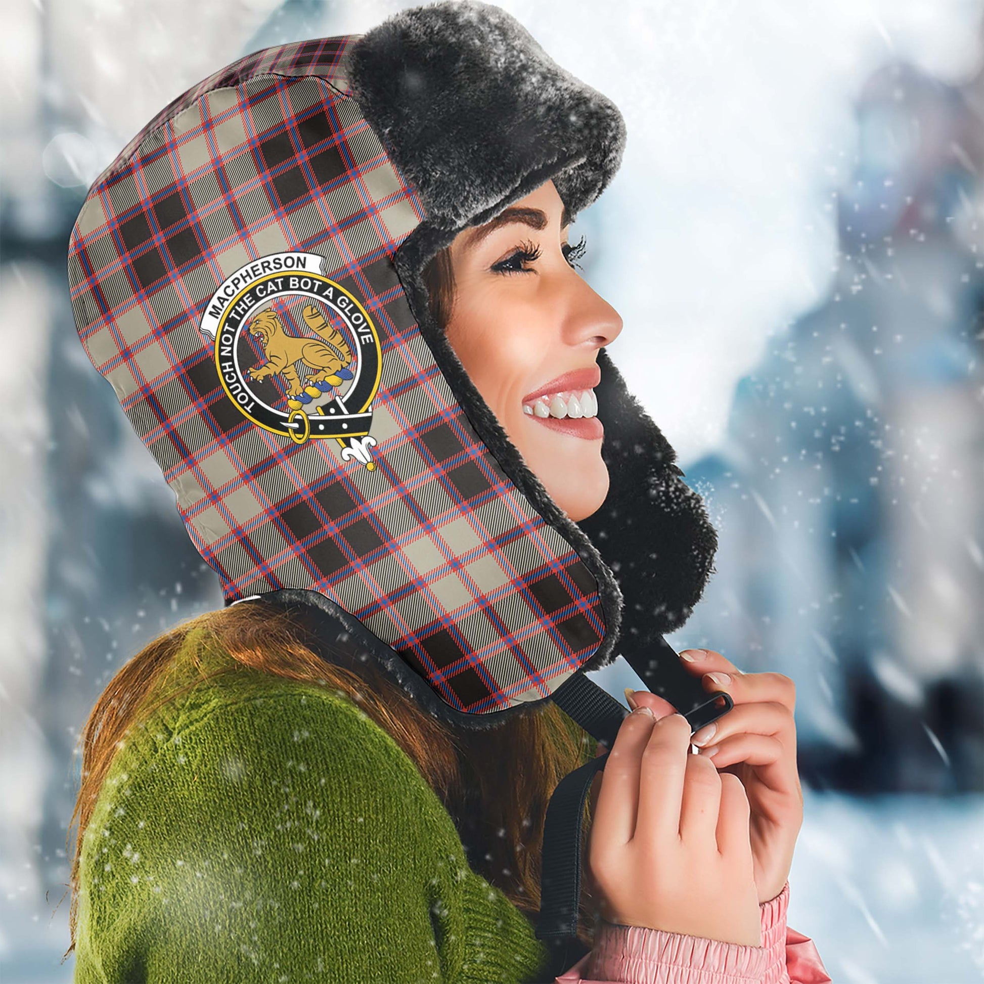 MacPherson Hunting Ancient Tartan Winter Trapper Hat with Family Crest Winter Trapper Hat Universal Fit Circumference 22.8in (58cm) - Tartanvibesclothing