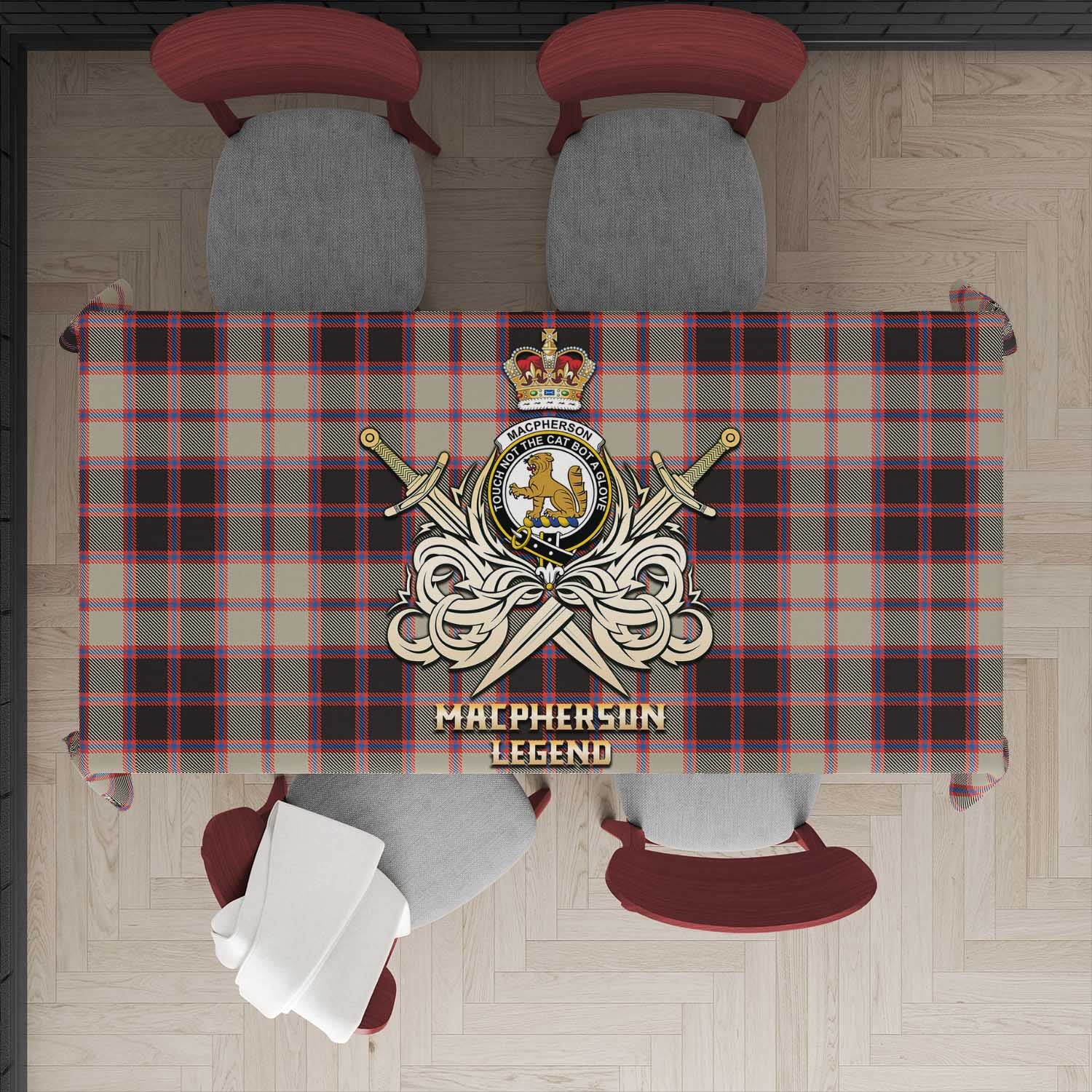 Tartan Vibes Clothing MacPherson Hunting Ancient Tartan Tablecloth with Clan Crest and the Golden Sword of Courageous Legacy