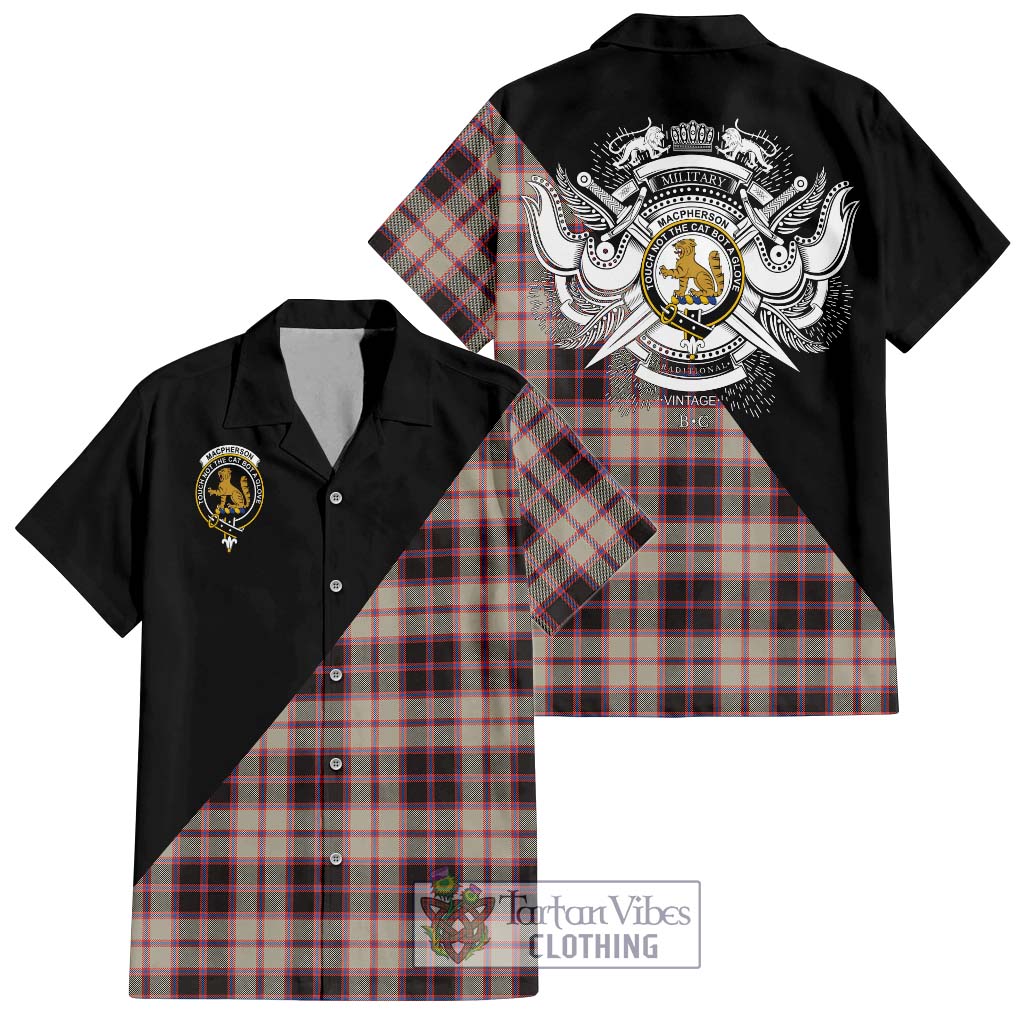 Tartan Vibes Clothing MacPherson Hunting Ancient Tartan Short Sleeve Button Shirt with Family Crest and Military Logo Style