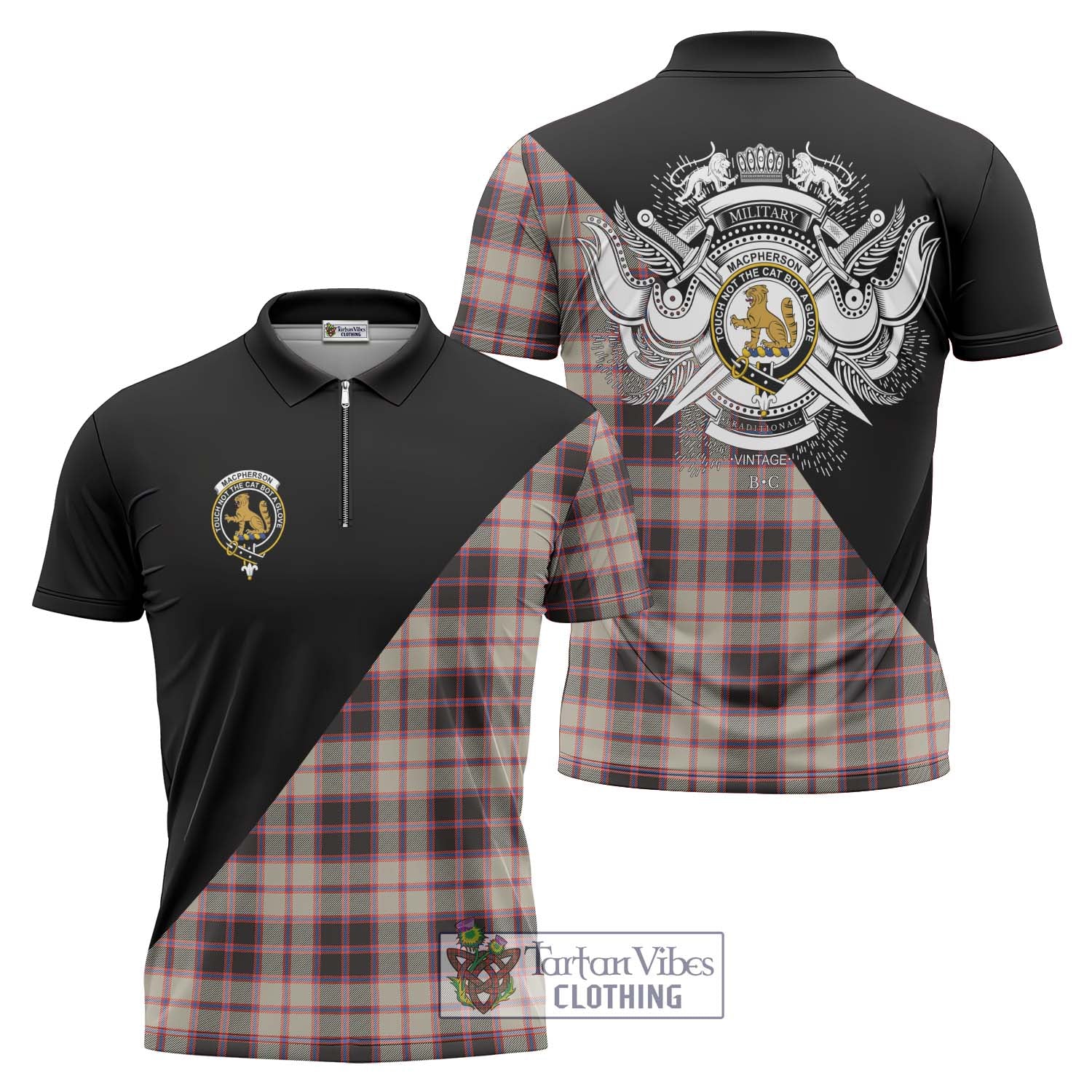 Tartan Vibes Clothing MacPherson Hunting Ancient Tartan Zipper Polo Shirt with Family Crest and Military Logo Style