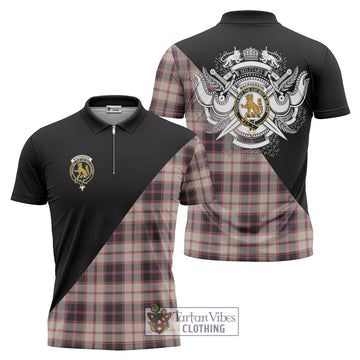 MacPherson Hunting Ancient Tartan Zipper Polo Shirt with Family Crest and Military Logo Style