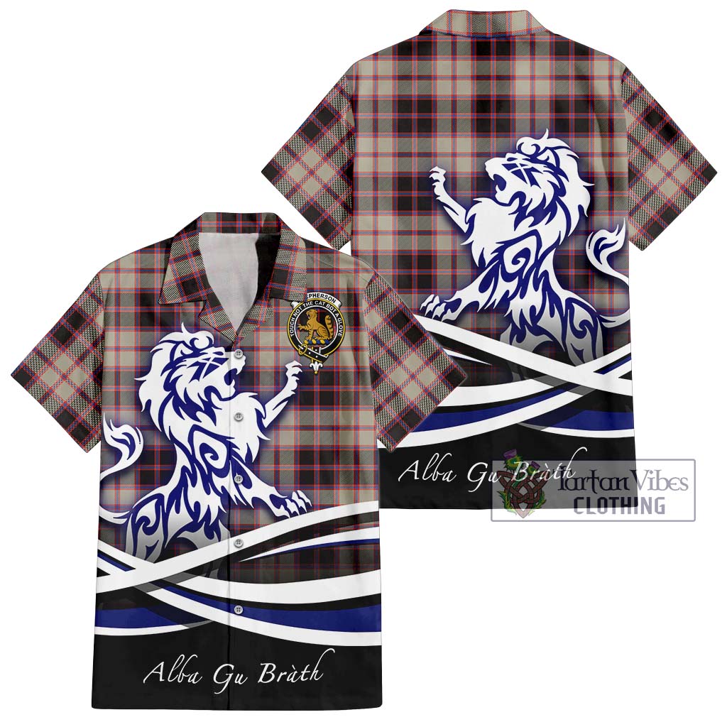 Tartan Vibes Clothing MacPherson Hunting Ancient Tartan Short Sleeve Button Shirt with Alba Gu Brath Regal Lion Emblem