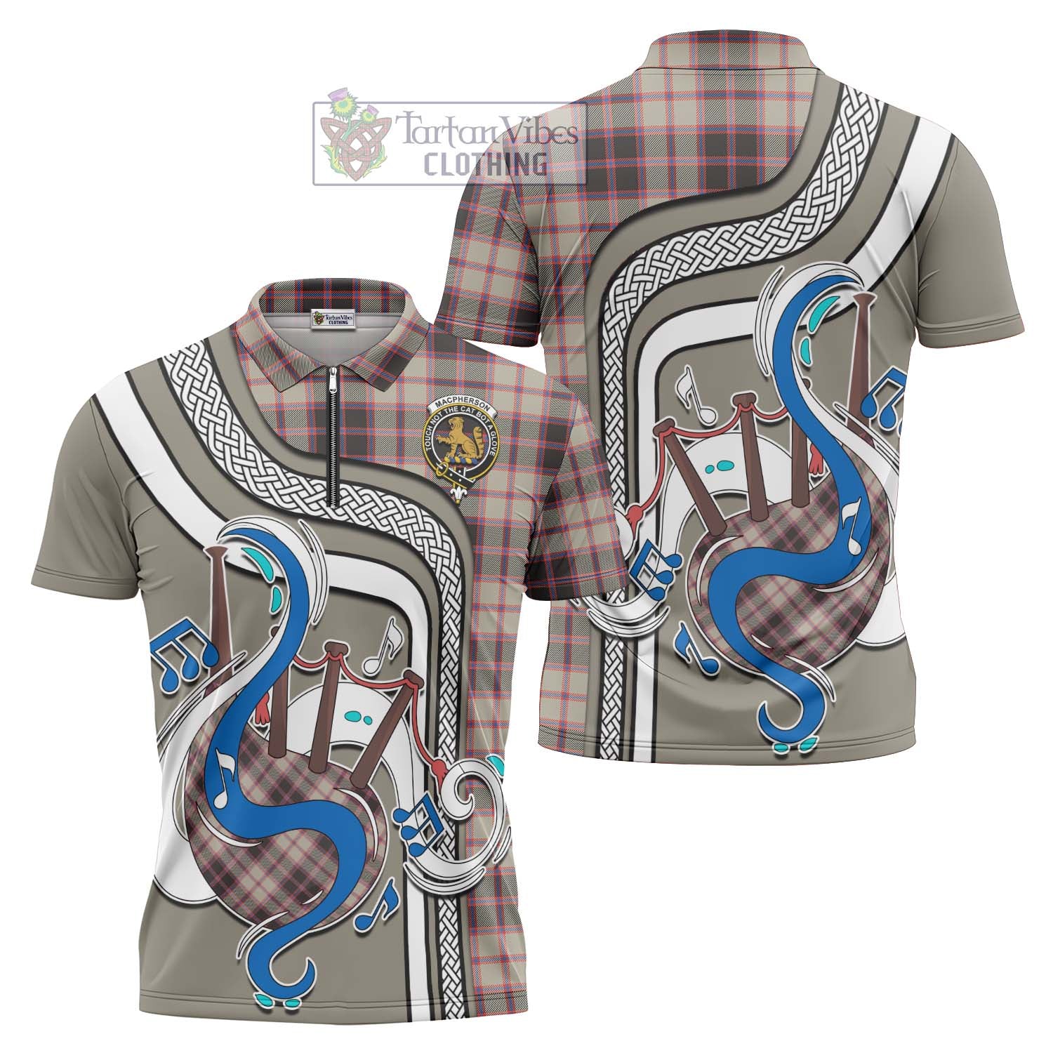 Tartan Vibes Clothing MacPherson Hunting Ancient Tartan Zipper Polo Shirt with Epic Bagpipe Style