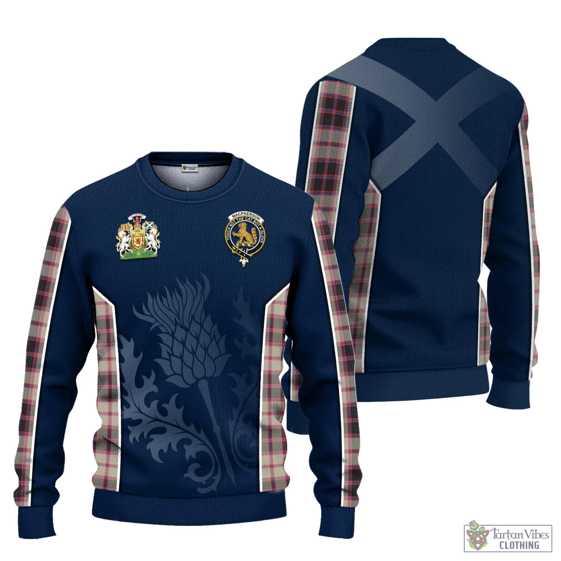 Tartan Vibes Clothing MacPherson Hunting Ancient Tartan Knitted Sweatshirt with Family Crest and Scottish Thistle Vibes Sport Style