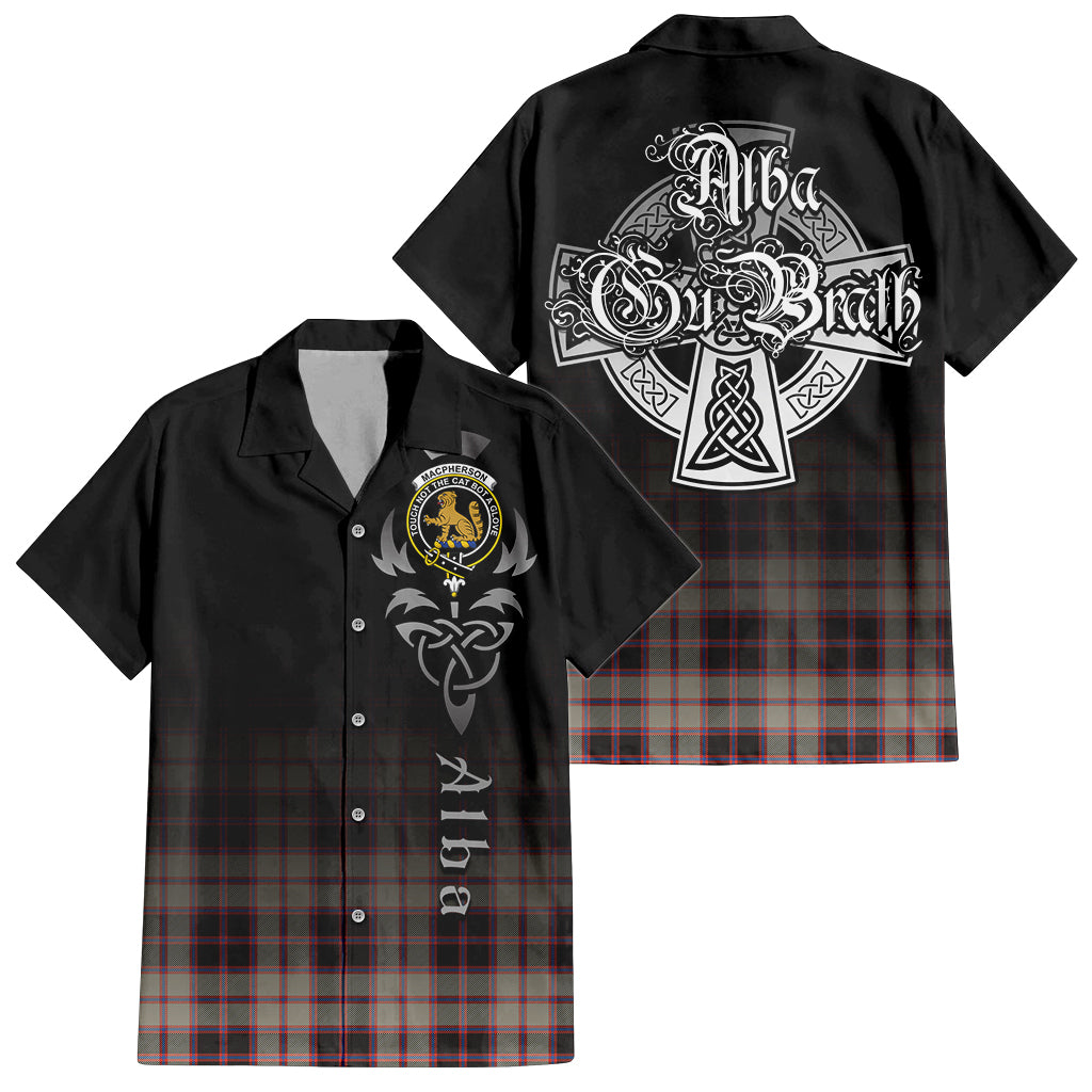 Tartan Vibes Clothing MacPherson Hunting Ancient Tartan Short Sleeve Button Up Featuring Alba Gu Brath Family Crest Celtic Inspired