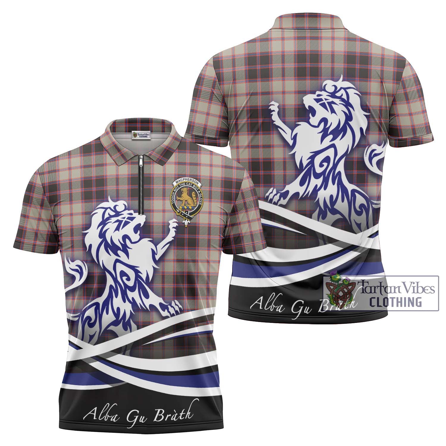 Tartan Vibes Clothing MacPherson Hunting Ancient Tartan Zipper Polo Shirt with Alba Gu Brath Regal Lion Emblem