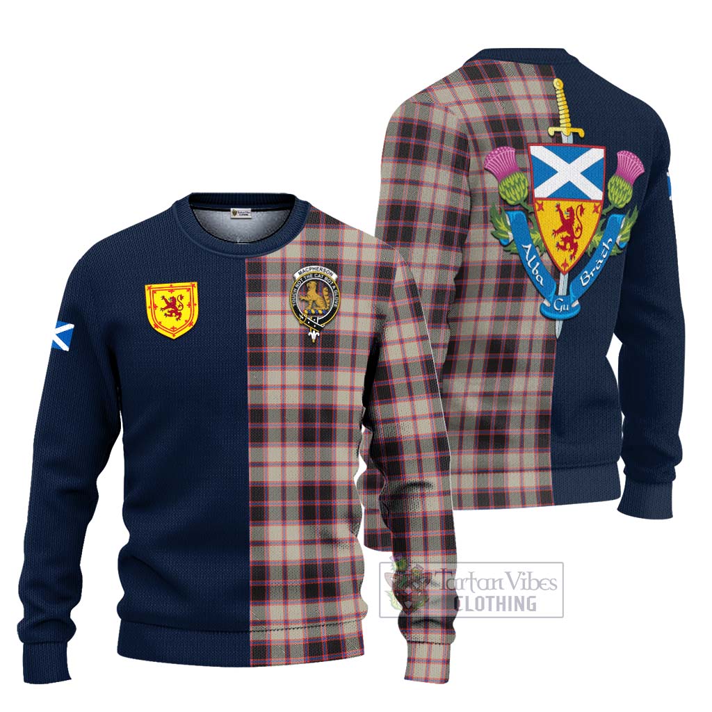 Tartan Vibes Clothing MacPherson Hunting Ancient Tartan Knitted Sweater with Scottish Lion Royal Arm Half Style